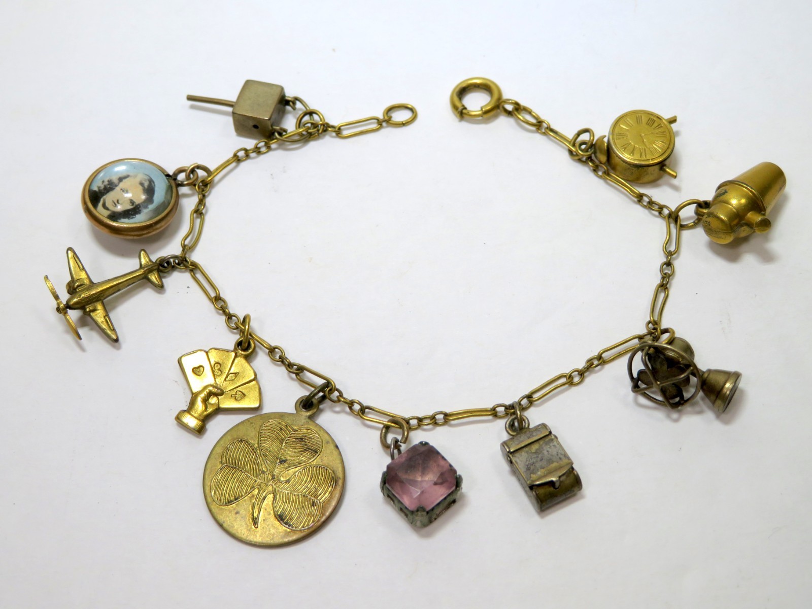 Vintage Brass Charm Bracelet W/ 10 Charms – 7 Inches