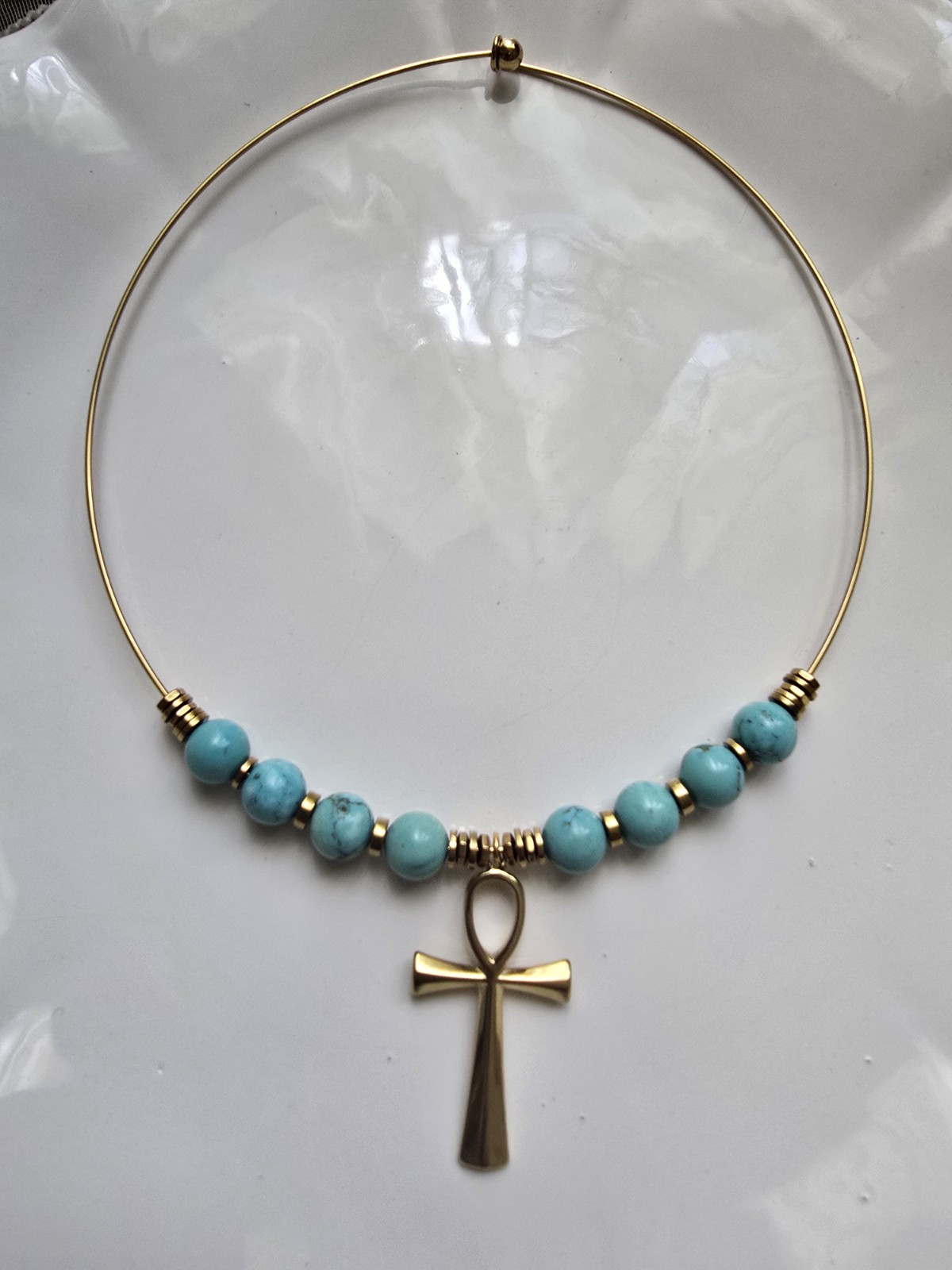 Gold Tone Wire Choker Necklace w/ Blue Round Beads & Ankh Cross Charm Pendant