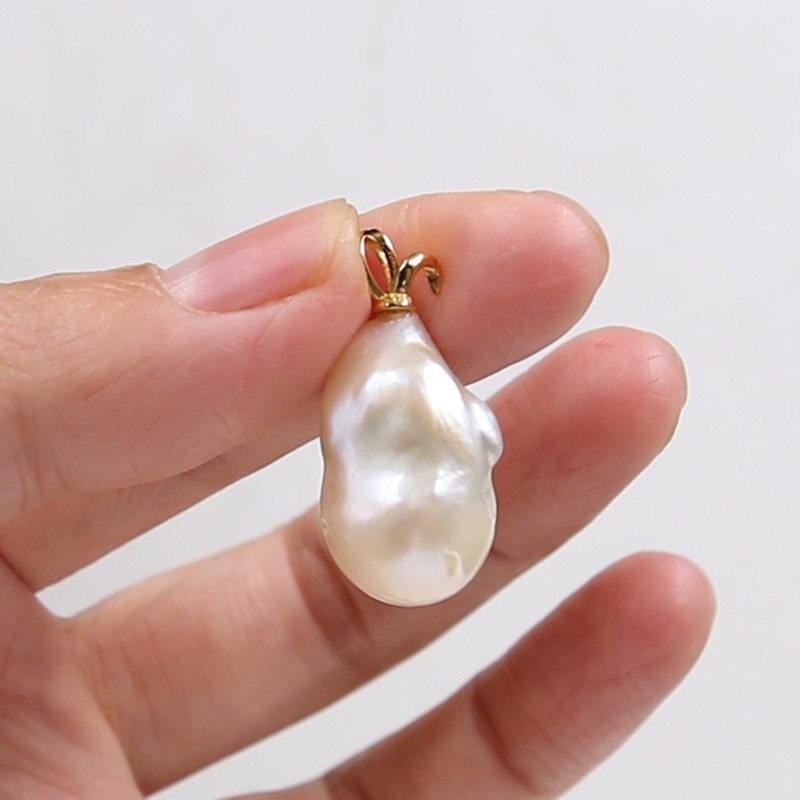 Huge 14x22mm White Nucleated Flameball Baroque Pearl Pendant 18″+Box Chian