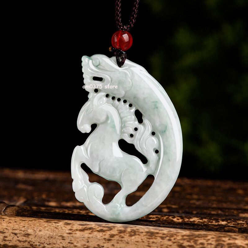 100% Natural Grade A Jade Jadeite White Jade Dragon Horse Lucky Pendant Gift