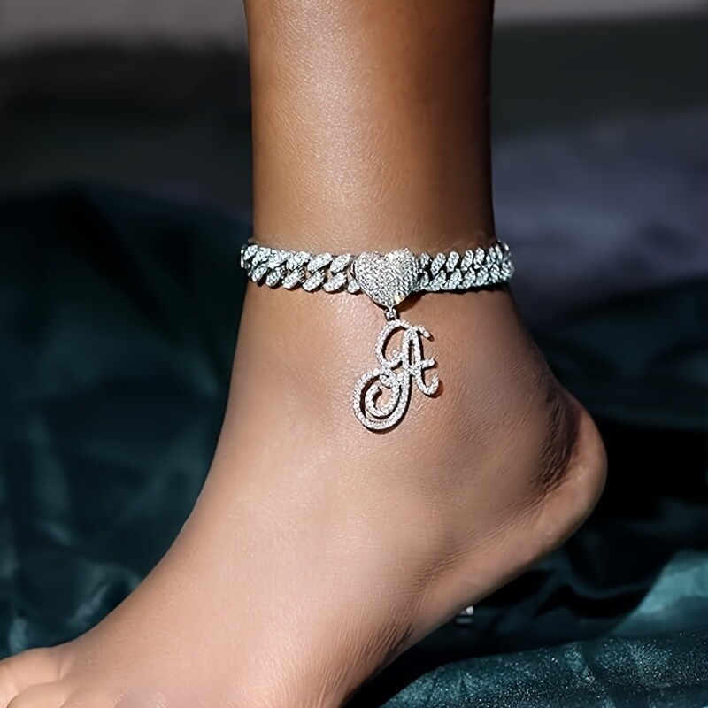 Womens Anklet Silver Cursive Initials Cuban Chain Anklet Beach Foot Jewelry