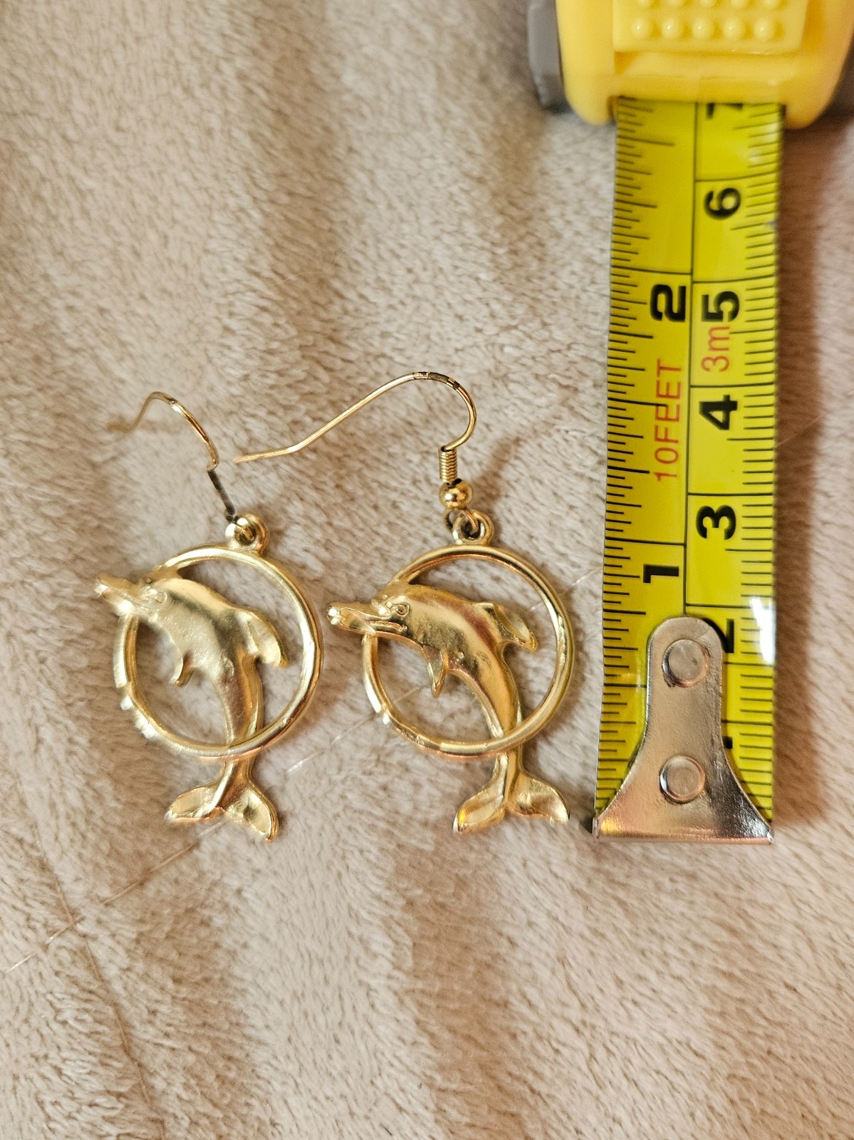 Vintage 70s Gold Tone Dolphin Dangle Earrings Coastal 1 inch