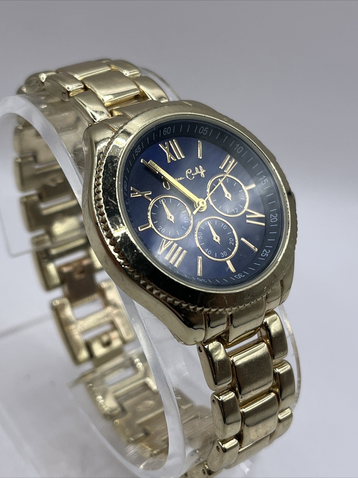 Jessica Carlyle Women’s Watch Blue Dial Gold Band Crystal Bezel- New Battery