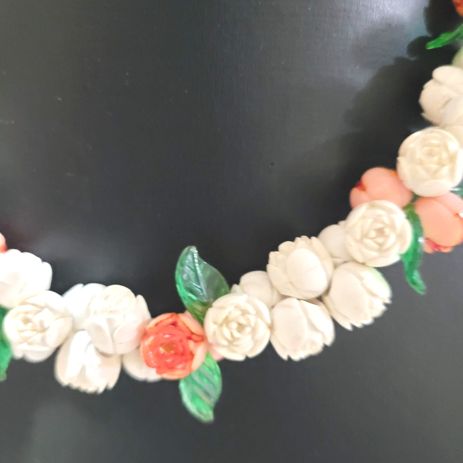Art Deco Celluloid Rose Bud 1930s Necklace Carved Antique 16″ Long MCM