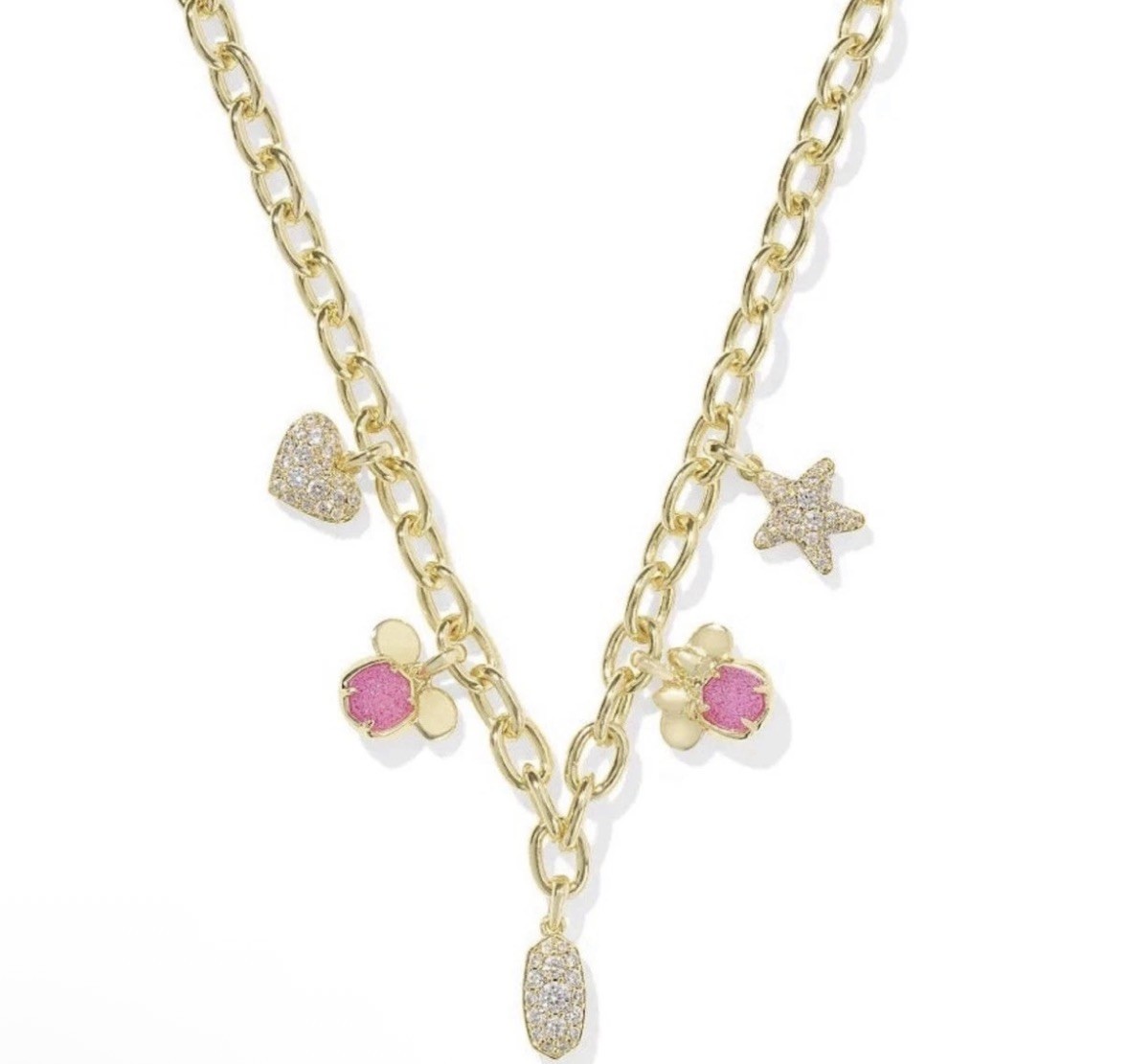 Kendra Scott Disney Mickey & Minnie Mouse Charm Necklace Pink White Gold Tone