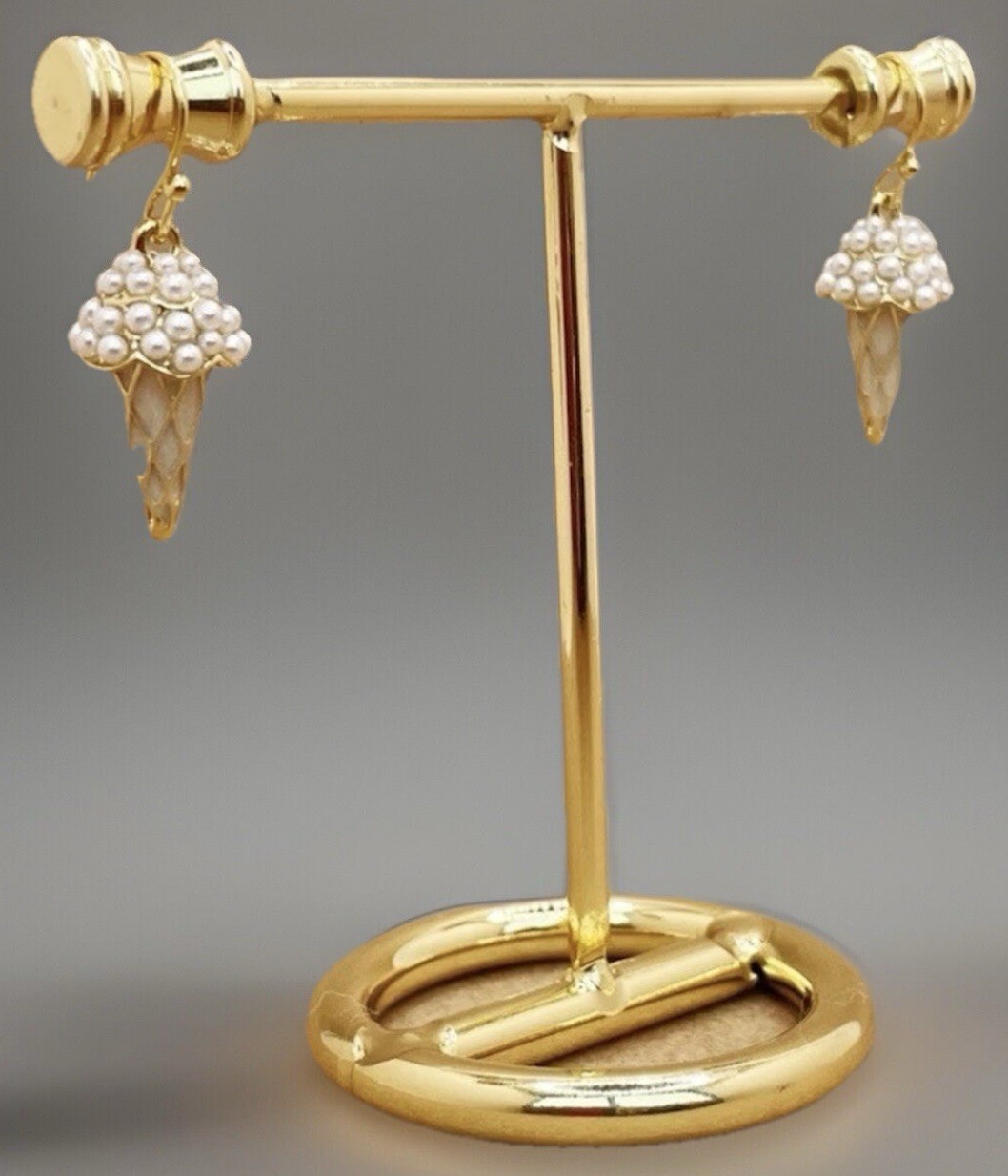 14k Gold Plated 925 Sterling Silver Imitation Pearl Ice Cream Cone Earrings NWOT
