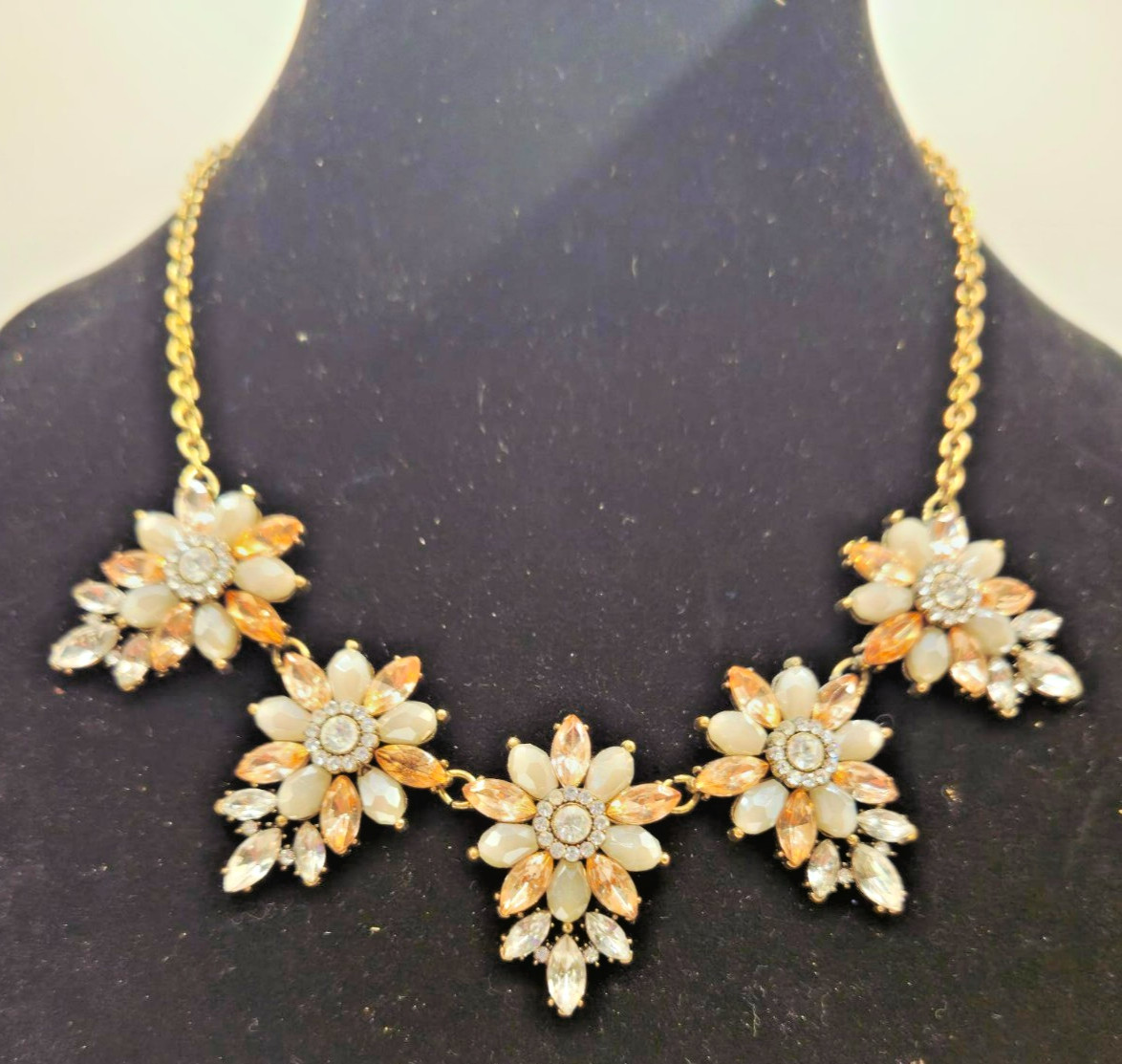 J.Crew Gold Tone Peach & Cream Crystal Floral Bib Statement Necklace