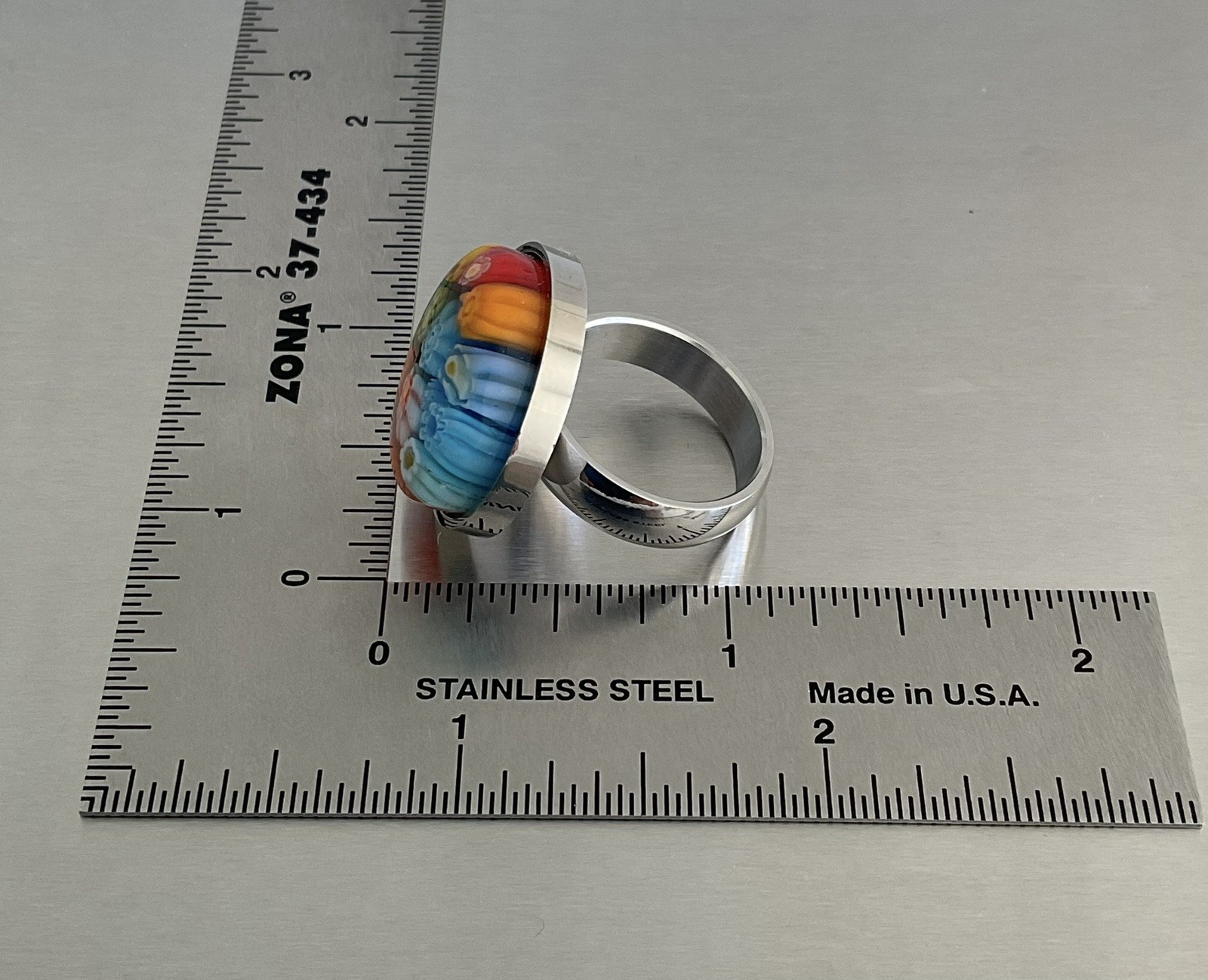 Multi Color Round Murano Millefiori Style Glass Ring Stainless Steel SZ 6, 9, 10