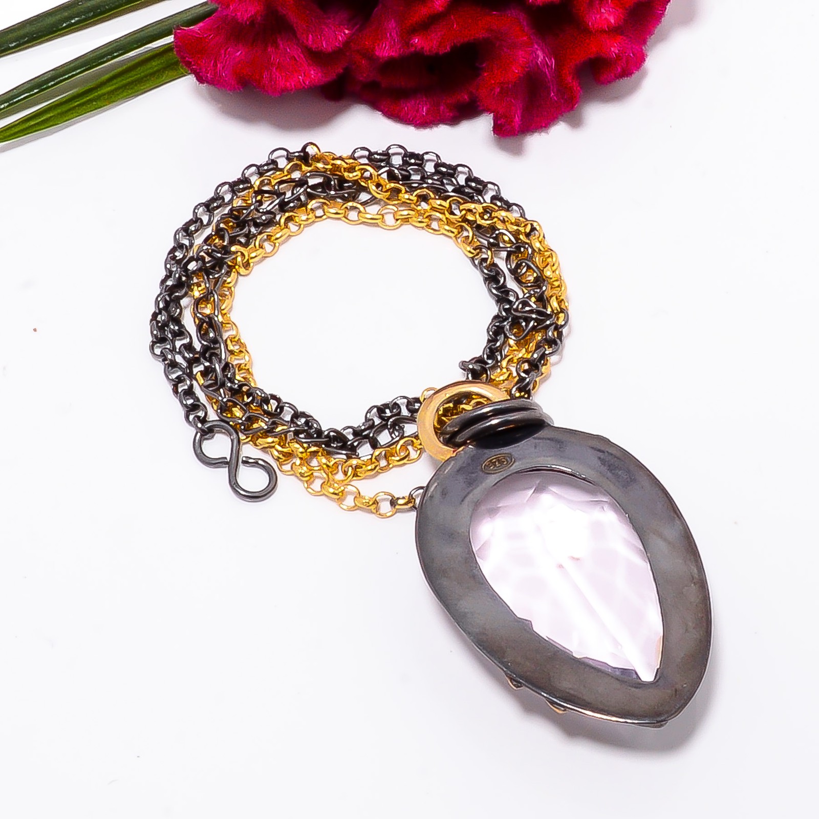 Pink Kunzite Black And Gold Rhodium 925 Sterling Silver Chain Pendant 18-22″ S20