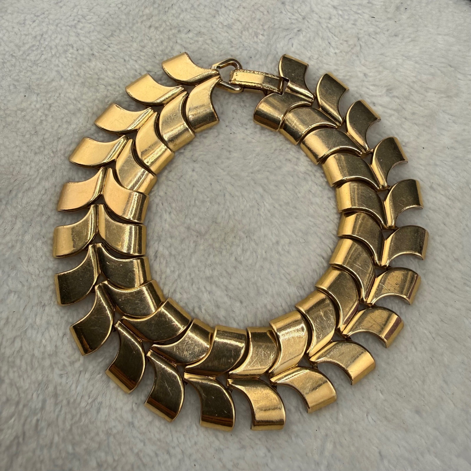 Vintage Sturdy Link Bracelet Gold Filled Chevron Scale Women 6.75in