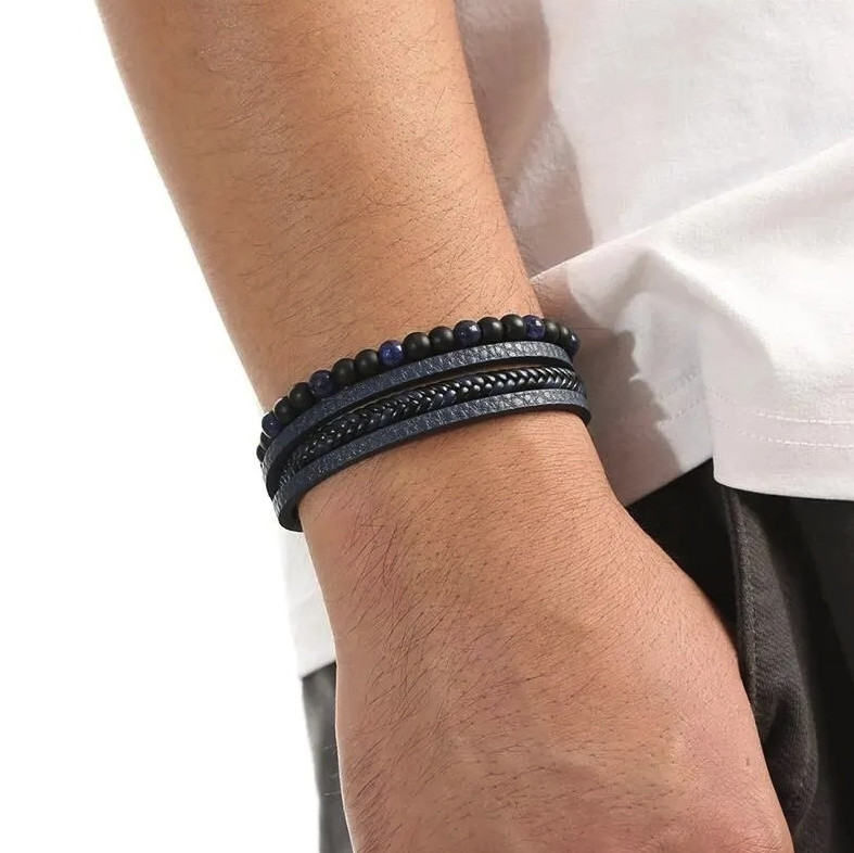 1pc Men Leather Tiger Eye Beaded Bracelet Multi Layer Wrap Style – NEW