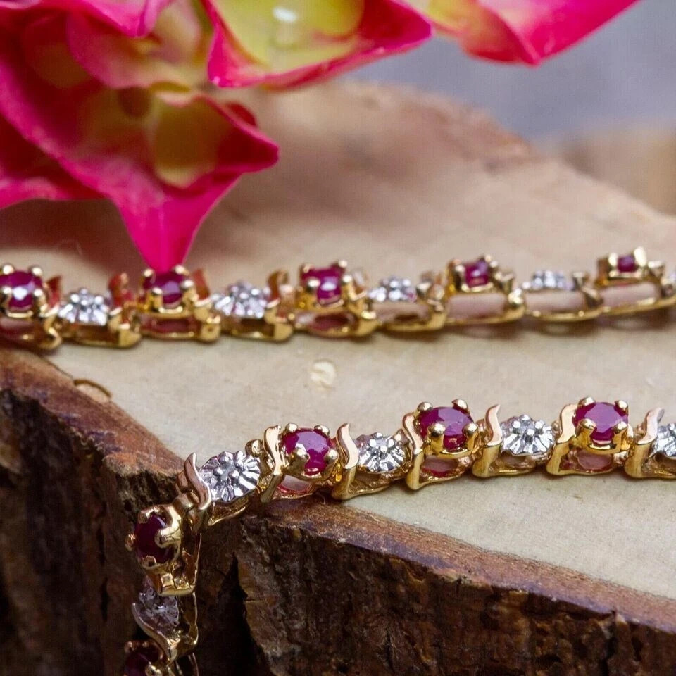 4.00 Ct Round Cut Natural Red Ruby Tennis Bracelet 14K Solid Yellow Gold