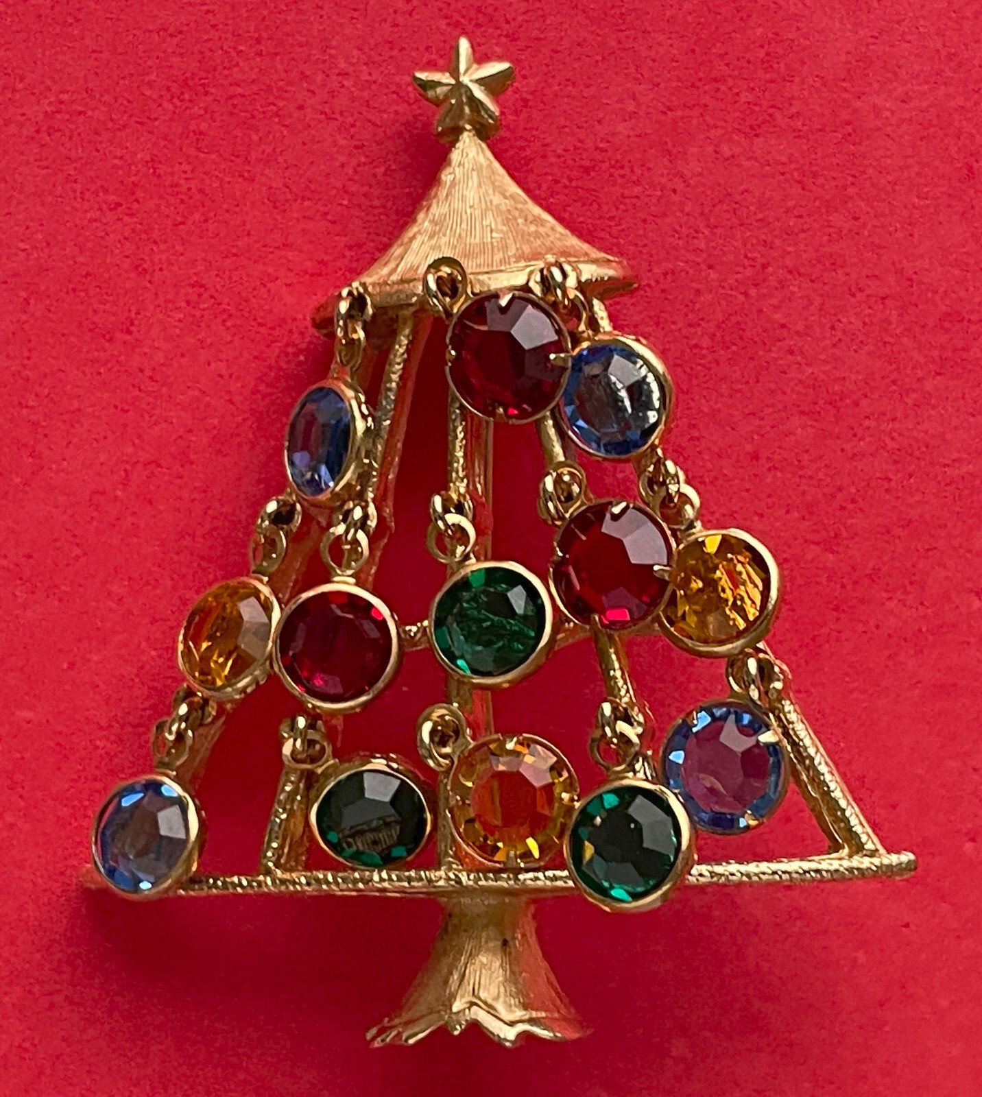VINTAGE CHRISTMAS TREE BROOCH PIN CRYSTAL DANGLES R MANDLE SIGNED RARE MCM sp