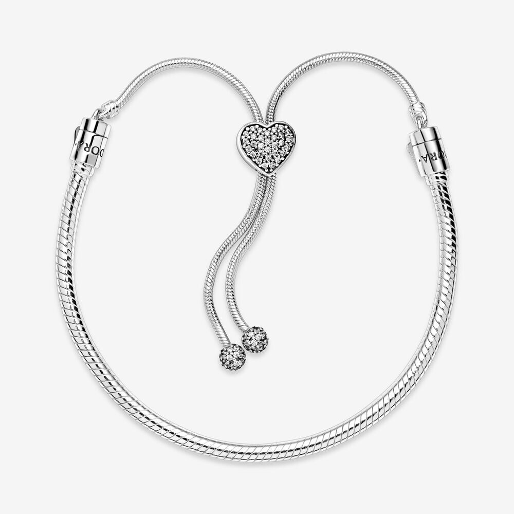 NWB PANDORA Moments Pave Heart Clasp Snake Chain Slider Bracelet Adjustable