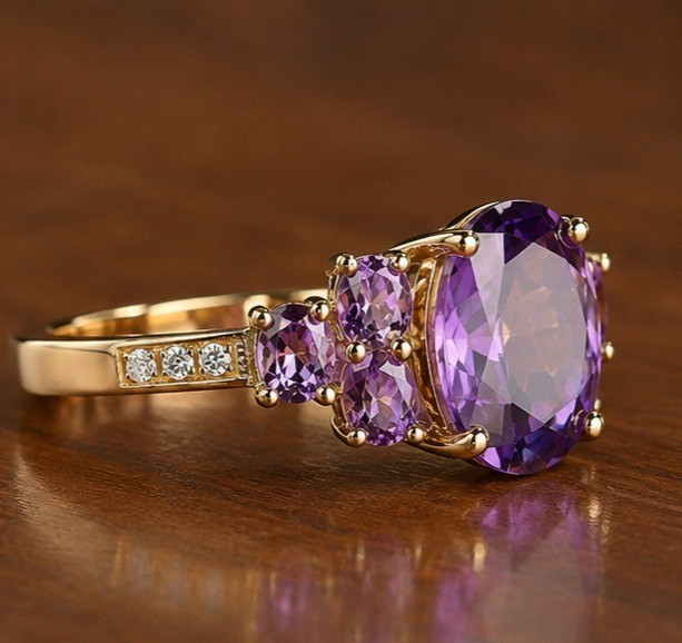 4Ct Oval Purple Amethyst Mossanite Diamond Engageme Ring 14K Yellow Gold Plated