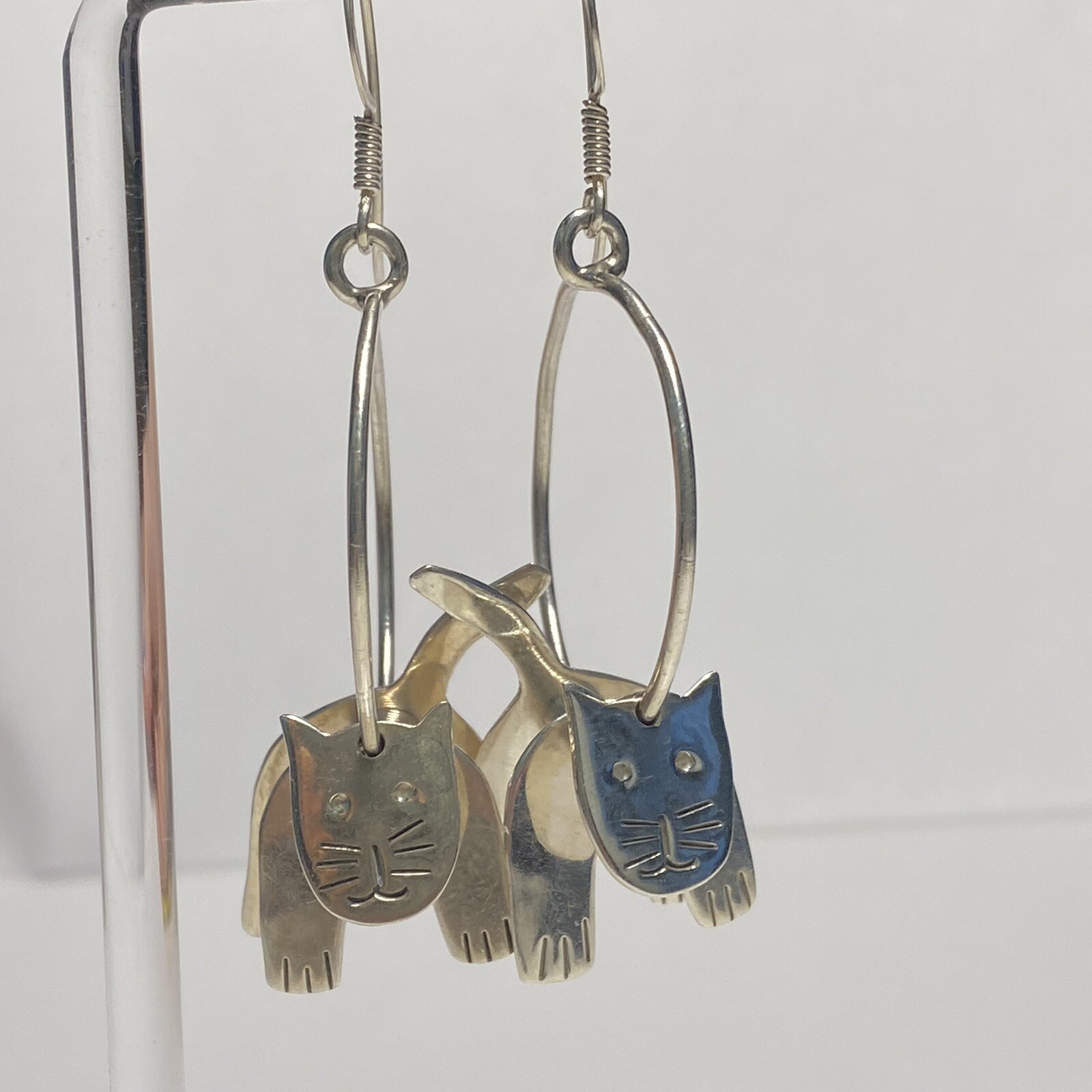 Sterling Silver Dangle Cat Earrings, 15.4 Grams, 2″ Three Piece Cat on Hoop