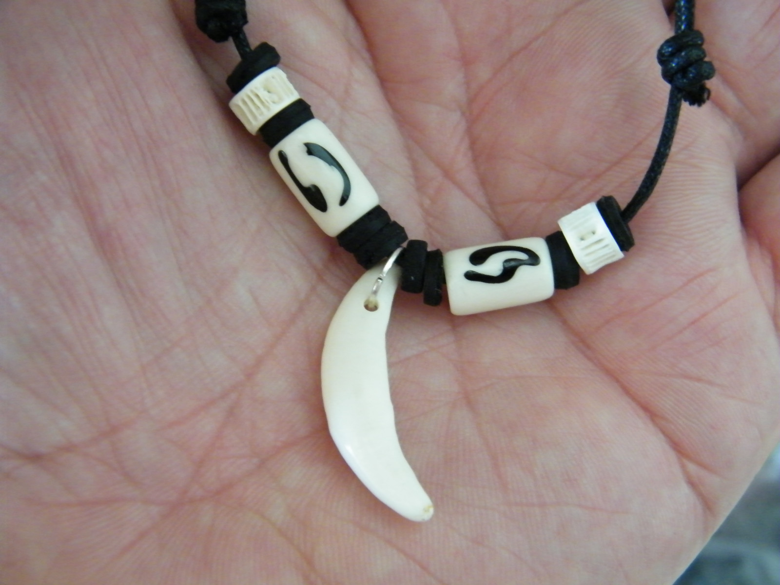 White Coyote Tooth Necklace REAL Teeth Black White Beads 16″-28″ Black Cord NEW!