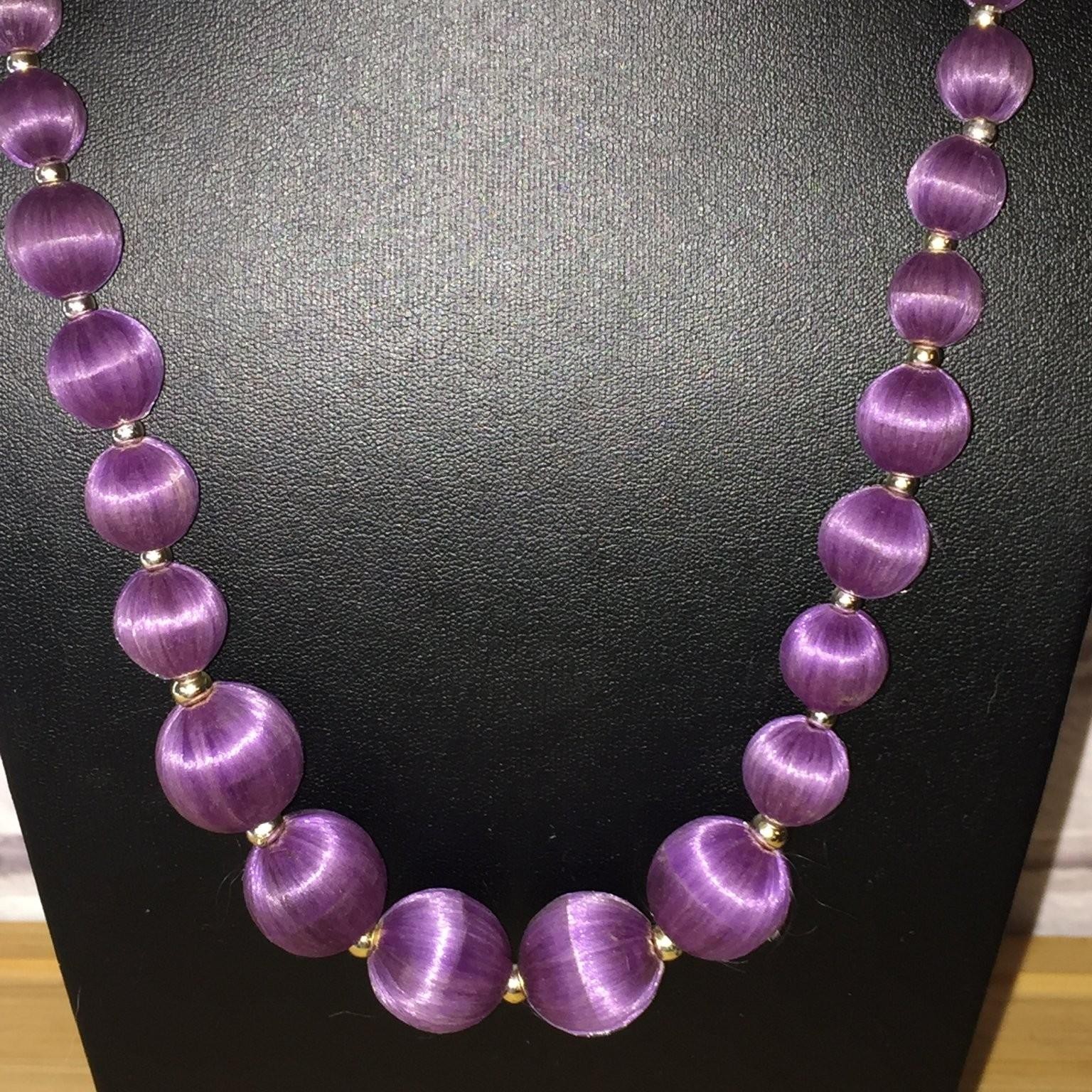 Vintage Graduated Bead Necklace Purple Acrylic Silk Wrapped Statement
