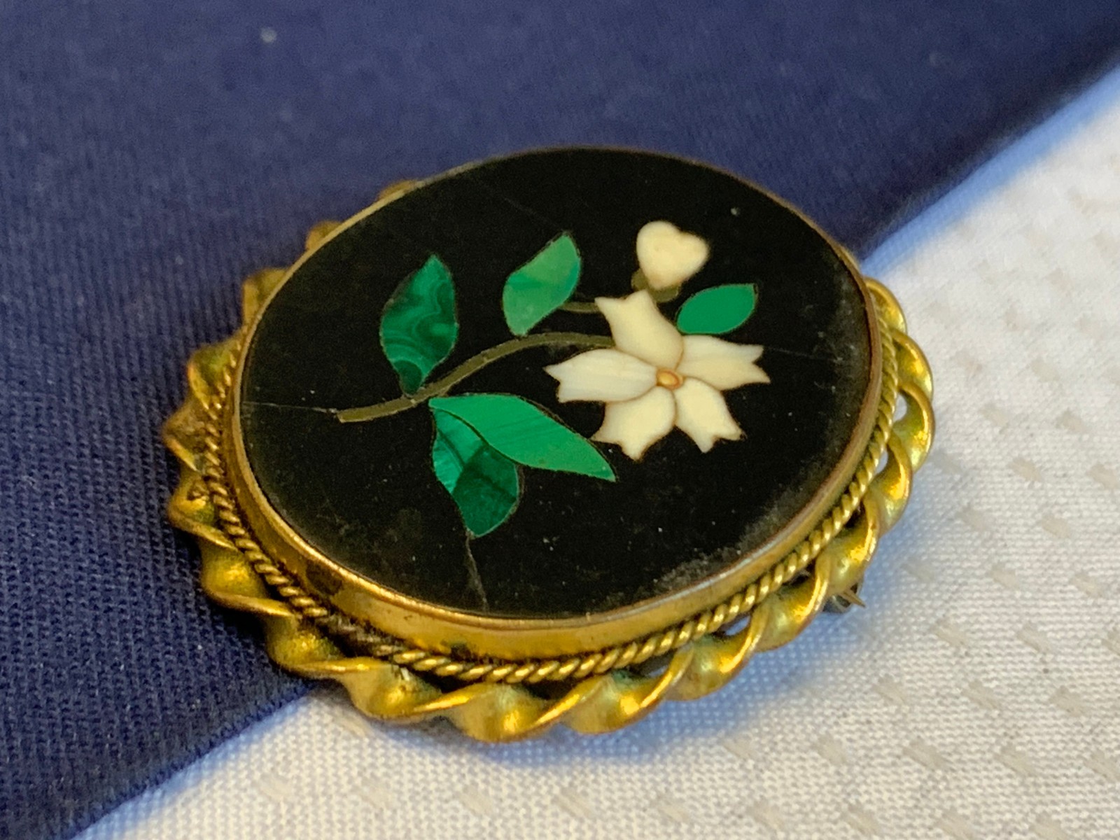 Antique Pietra Dura Brooch Costume Jewelry White Flower Floral Stone Inlay Pin