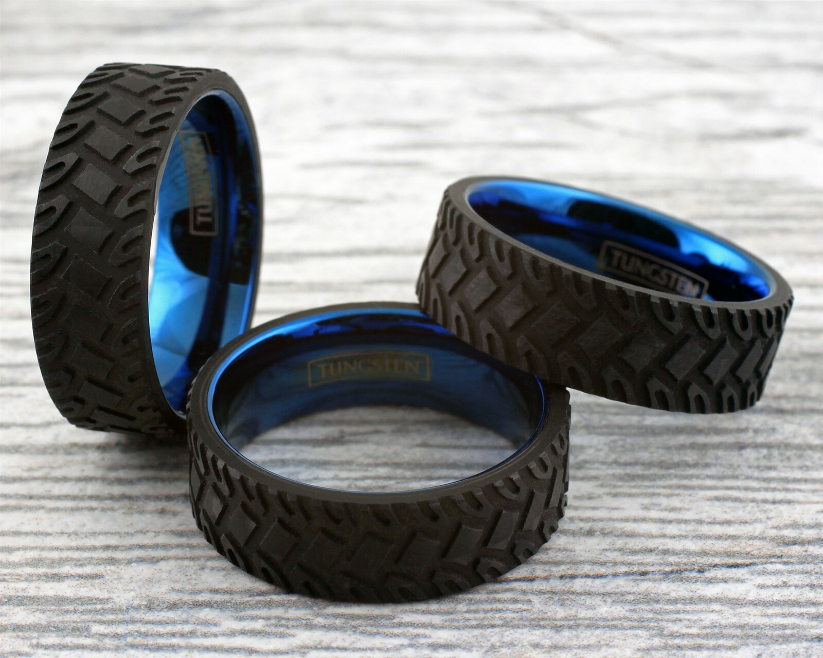 8mm Black Carbon Fiber Jeep Tire Track w/ Blue Tungsten Men’s Wedding Band Ring