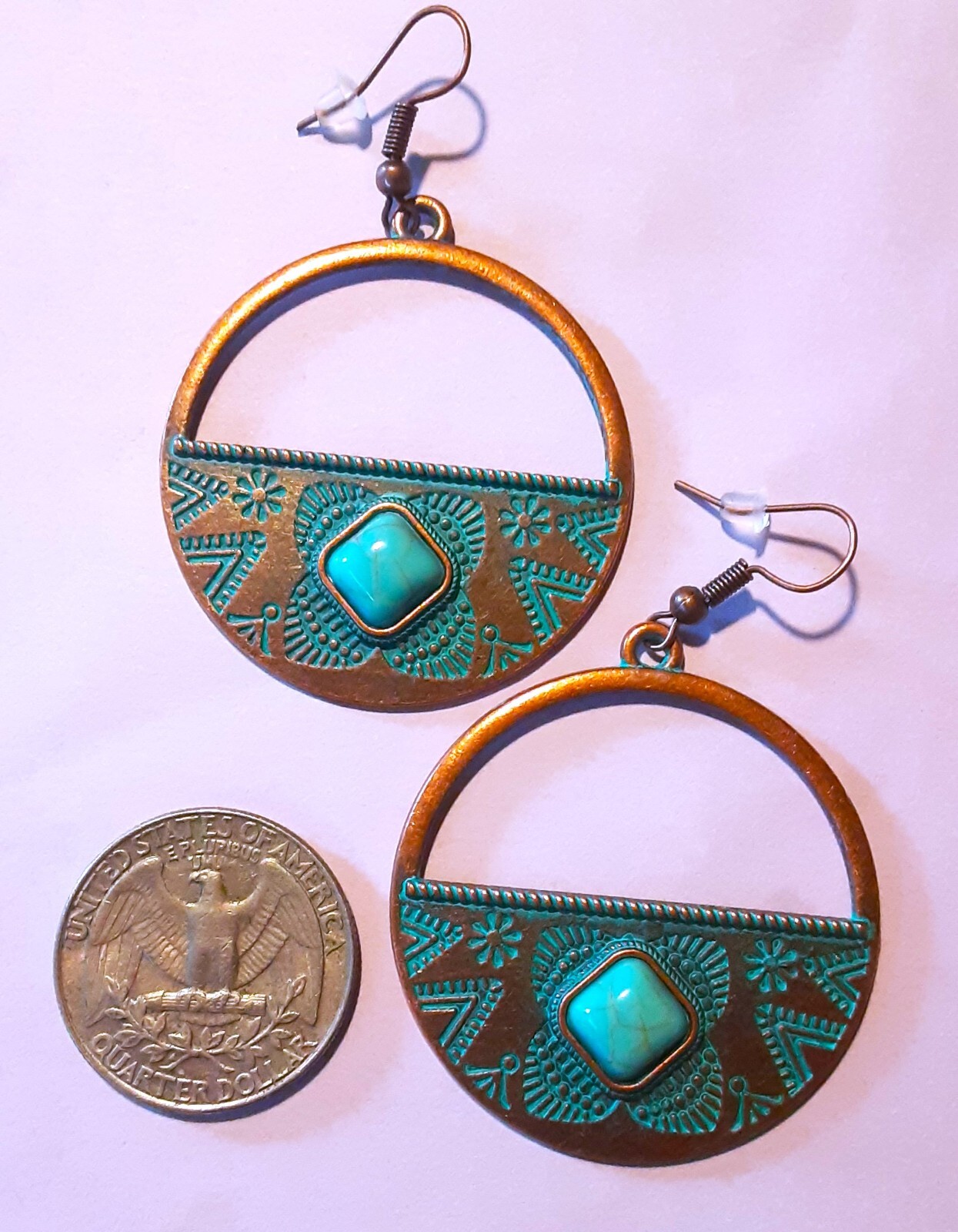 AGED COPPER & HOWLITE Tribal Inspired LARGE HOOPS earring FISH HOOK artisan #552