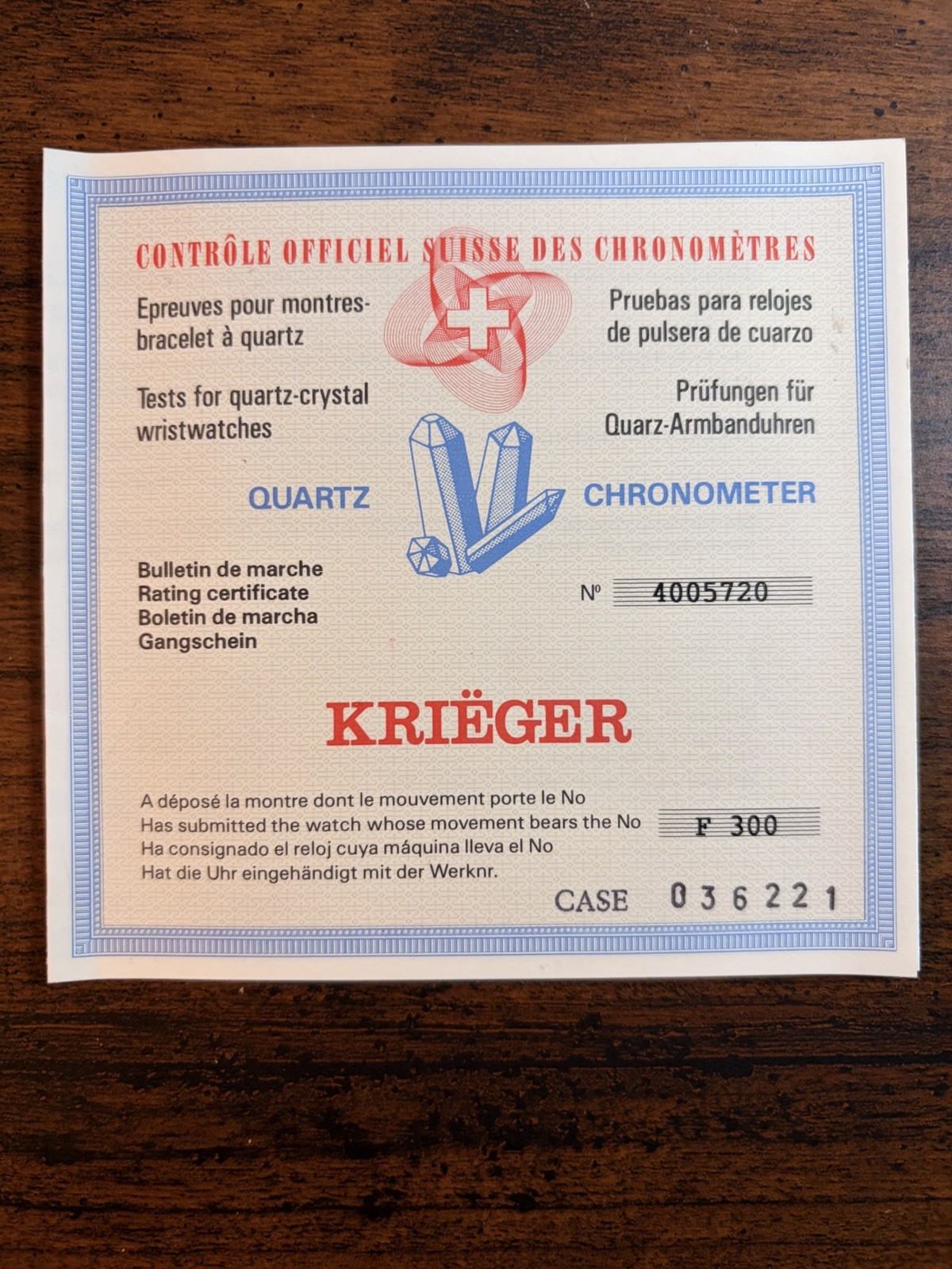 Krieger Quartz Chronometer Watch #036221 with Box & Certificates