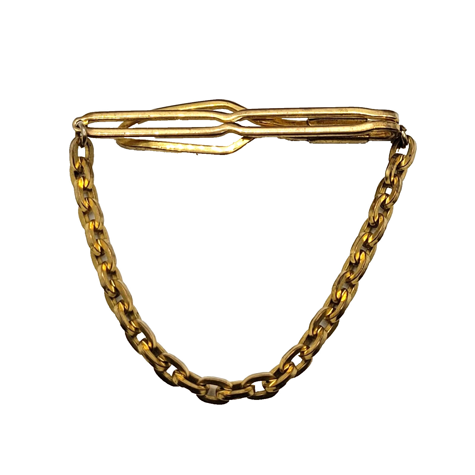 Fancy Dress Formal Vintage Gold Tone Brass Plate Tie Bar Clasp Cable Chain 1930s