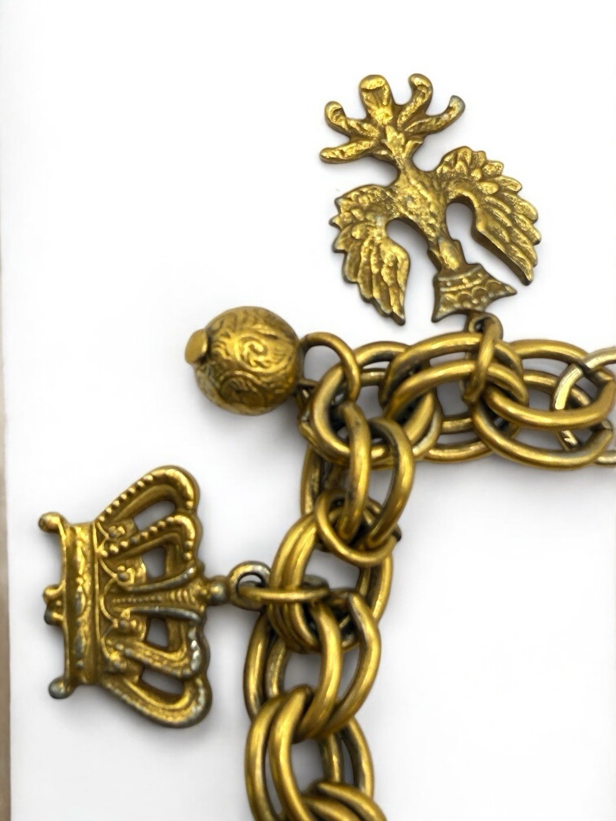 Vintage Charm Bracelet Royal Eagle Crown Glass Beads Link Gold Tone