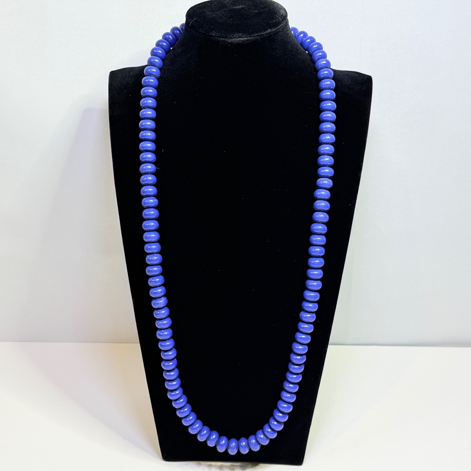 Vintage Cobalt Blue Beaded Strand Necklace Gold Tone Spring Ring Clasp 28 Inch