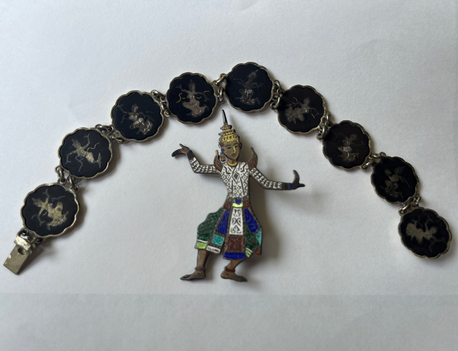 Vintage Siam Pin Brooch Sterling Enamelware Dancer Thailand Bracelet