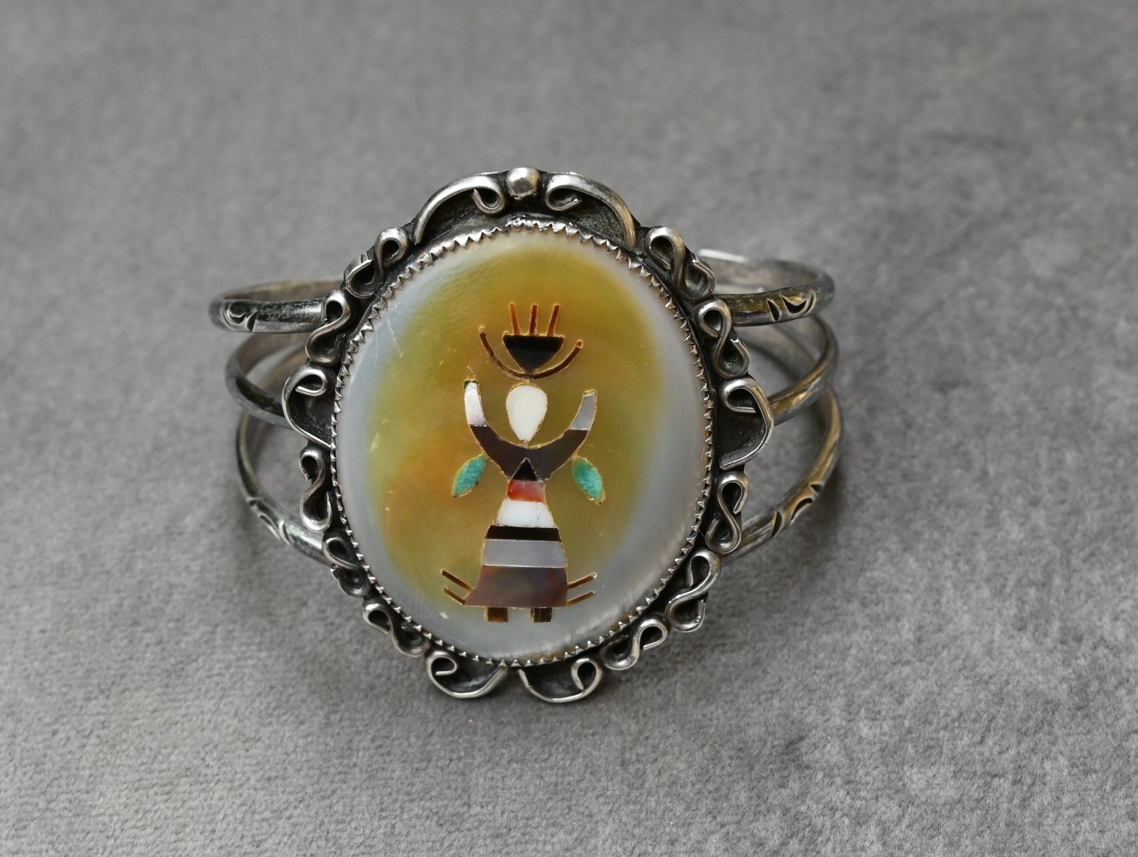 Tewa Pueblo Ga’an Dancer by Feline Naranjo Sterling & Gemstone 37 grm 6 3/4″ fit