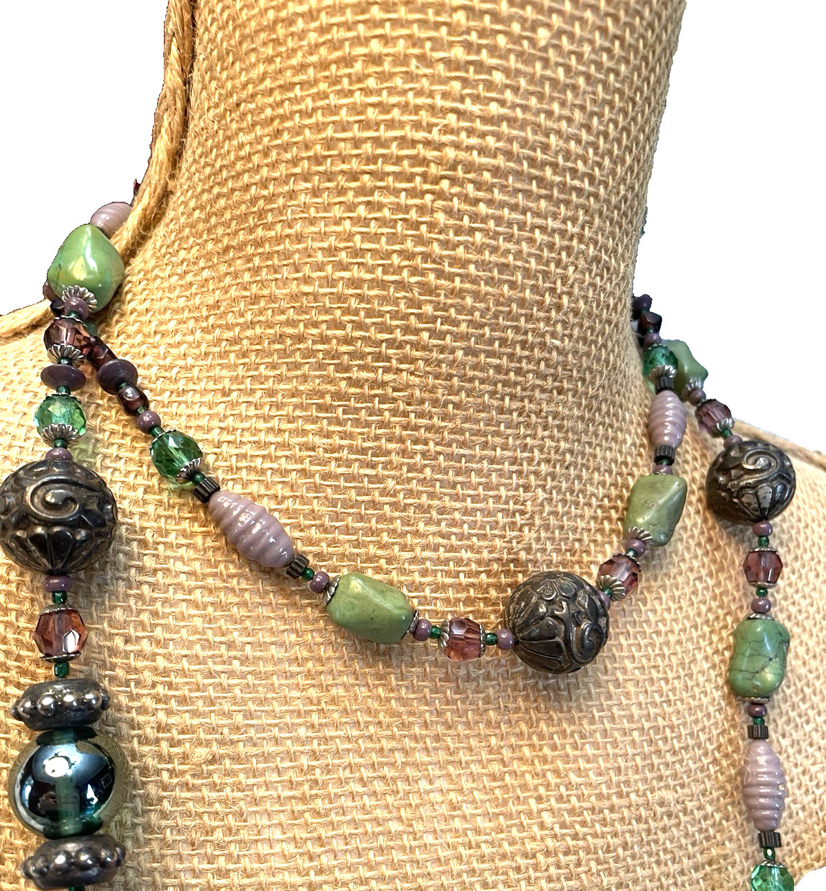 Vintage Beaded Necklace Shou & Green Glass Chrysoprase Nuggets Fish Hook Clasp