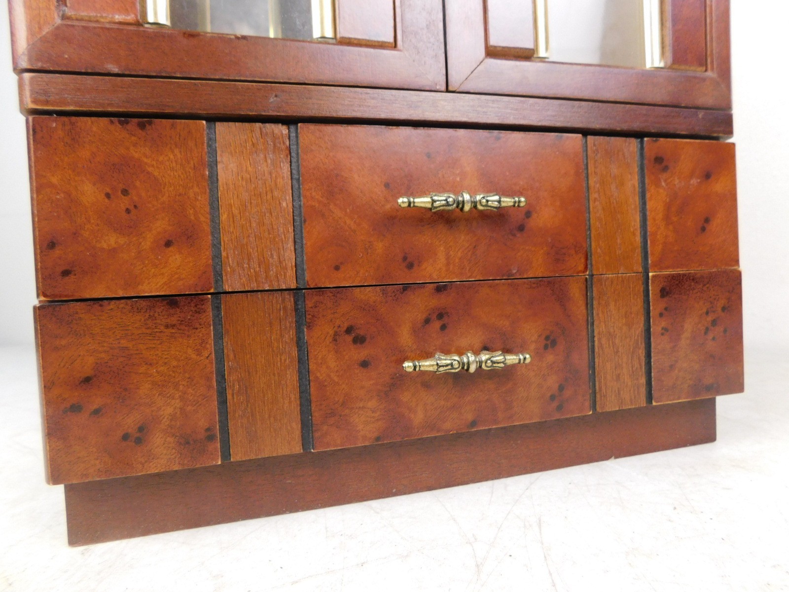 Cute Burl Wood Regency Small Desk Jewelry Cabinet Display Storage Box Table Top