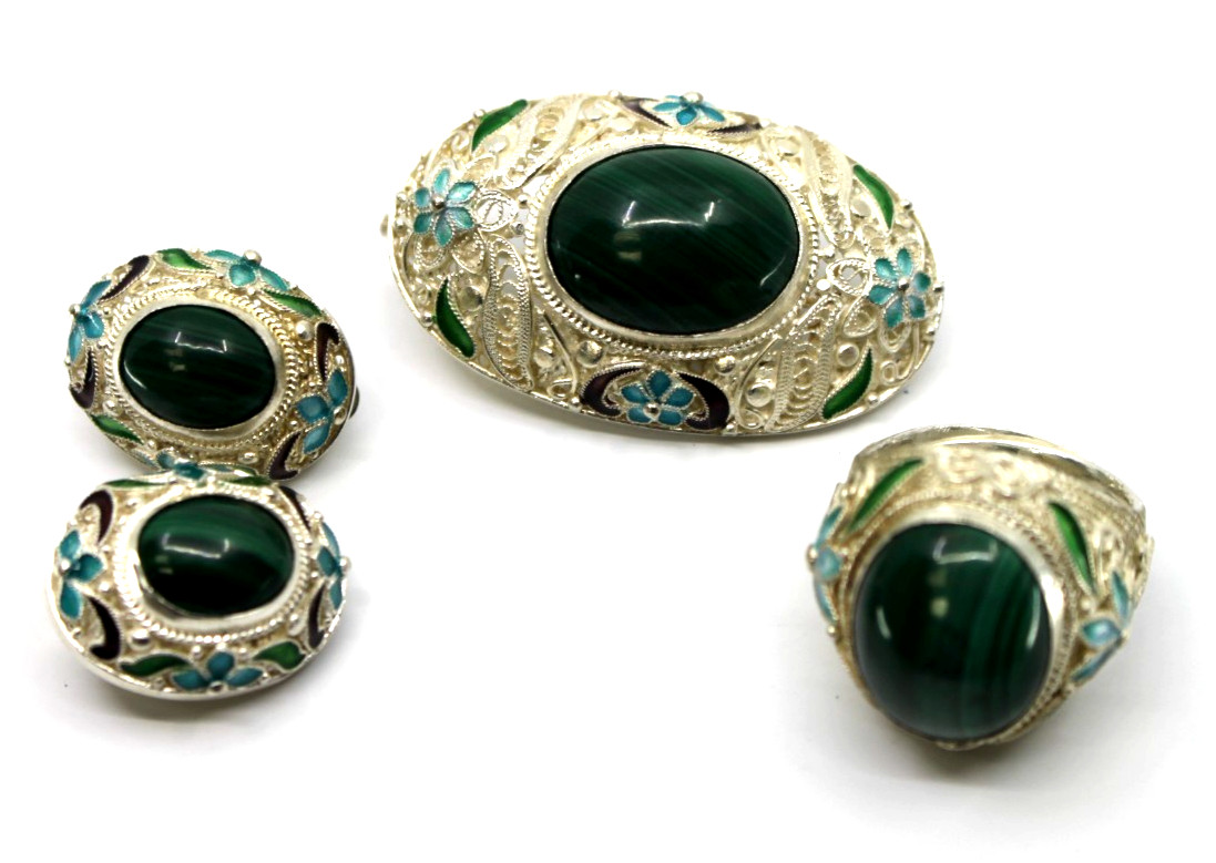 Vintage Chinese Export 925 Silver Enamel Malachite Brooch Earrings Ring Set