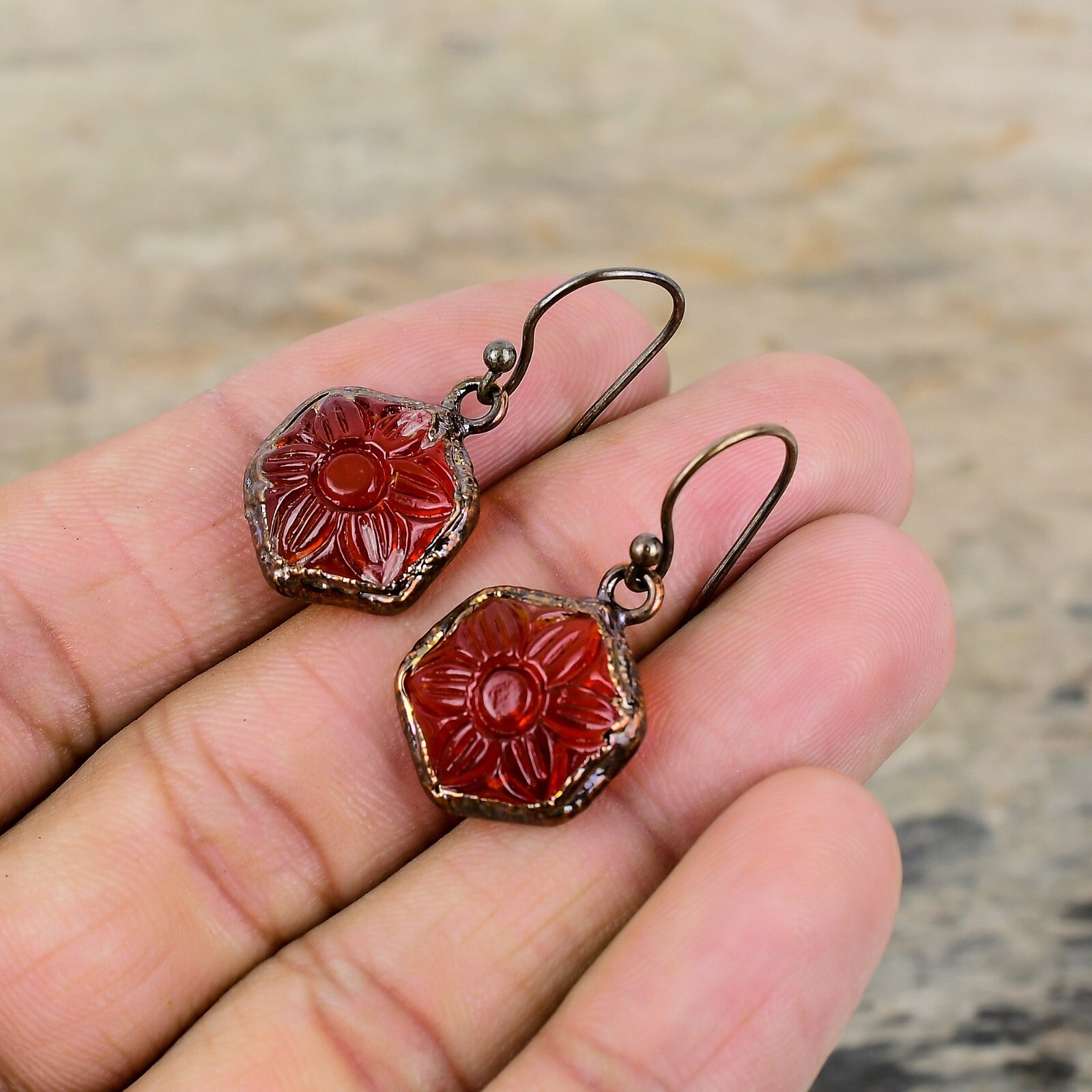 Copper Carved Red Onyx Stone Mother Dangle Drop Electroformed Earrings Jewelry