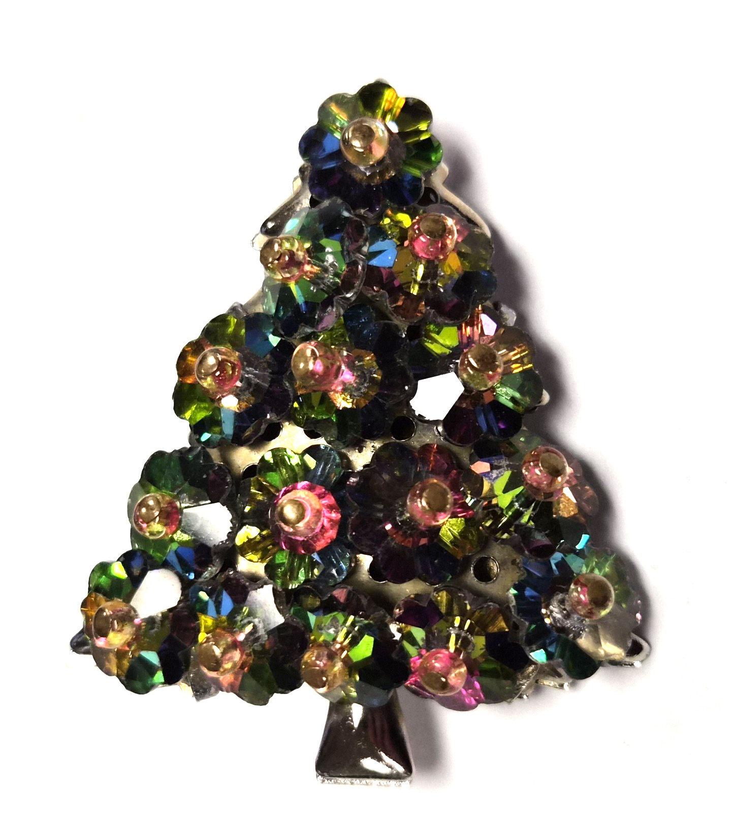 Vintage 60’s Watermelon Rivoli Crystal Bead Christmas Tree Pin / Brooch