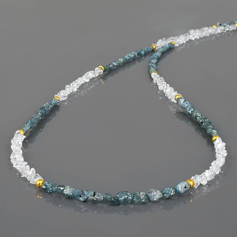 Handmade Rough Blue Diamond & Herkimer Quartz Nugget Beaded Necklace 925 Silver