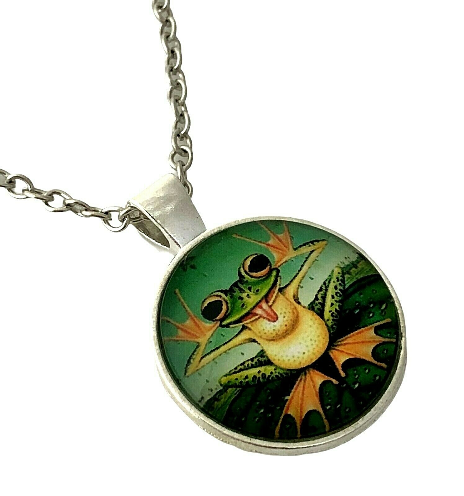 Frog Domed Glass Domed Cabochon Pendant with 19 Inch Chain Necklace