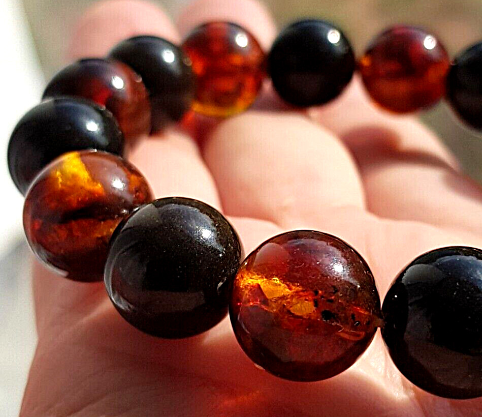 Real Baltic Amber Boho Round Beads 9 mm, Bracelet 16 cm 6.3”, Red Cherry, Black