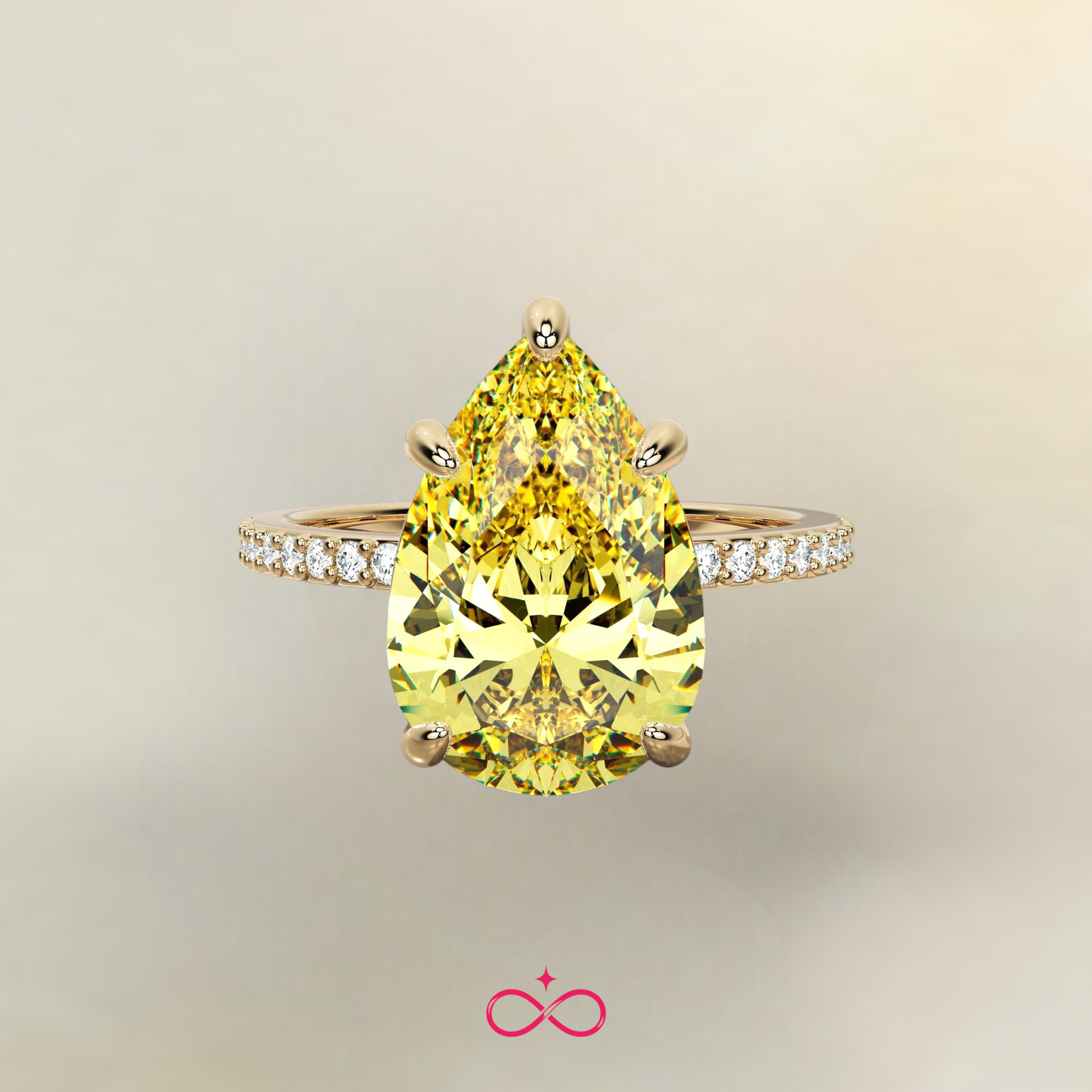 18K Yellow Gold IGI Lab Created Fancy Vivid Yellow Diamond Ring 3.16 CT Pear Cut