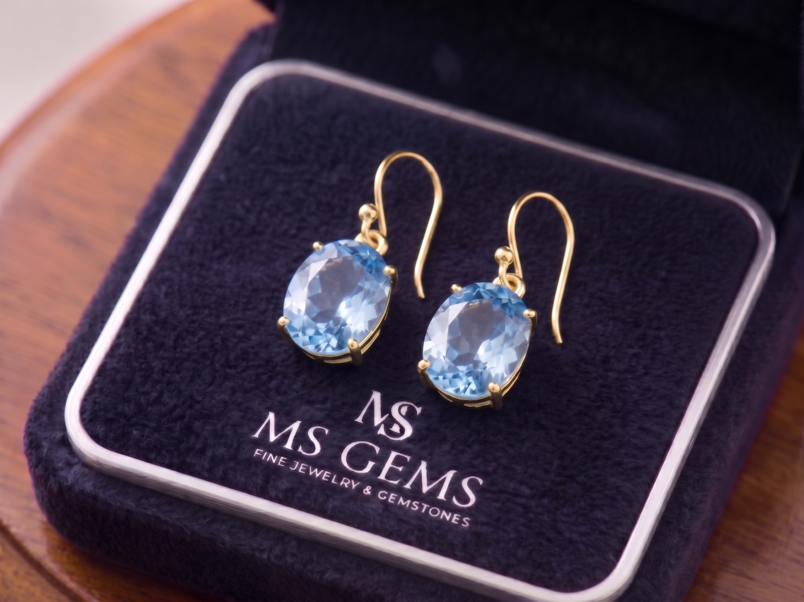 Natural Blue Topaz Drop Earrings December Birthstone Dainty Gold Silver Gift
