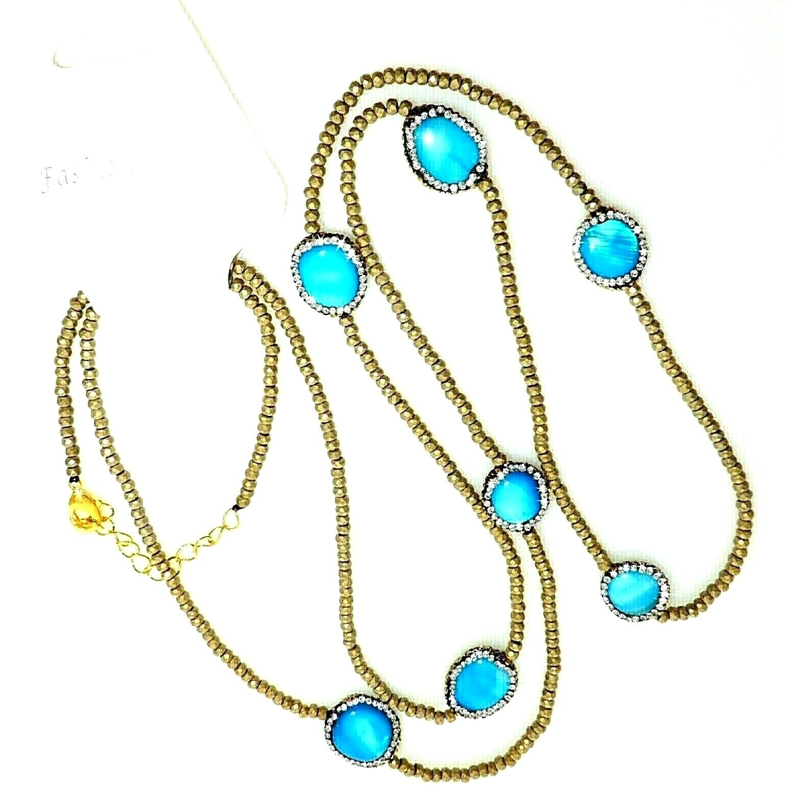 Turquoise Tan Facet Glass Beaded Rhinestone Pave Scatter Long Sweater Necklace