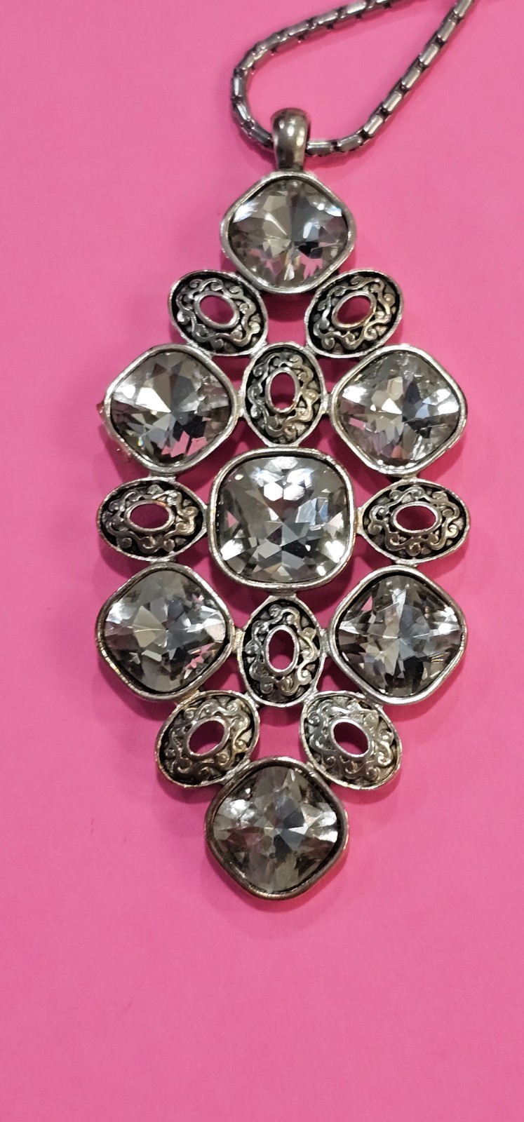 Three piece set chain pendant bracelet silver tone crystals unbranded sparkly.