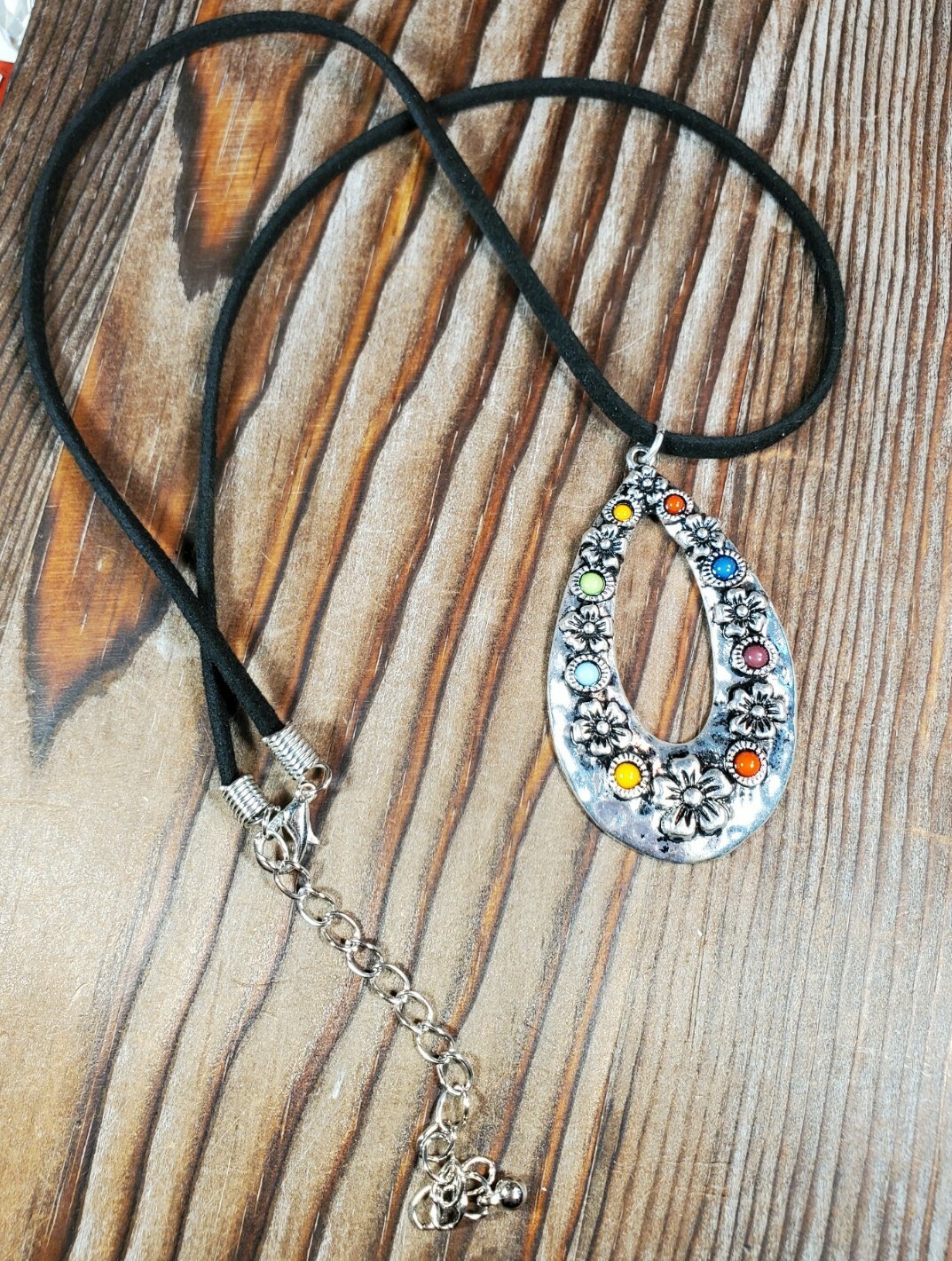 Multi color Silver Teardrop Pendant Necklace Black Suede Chakra Flowers 18-20″