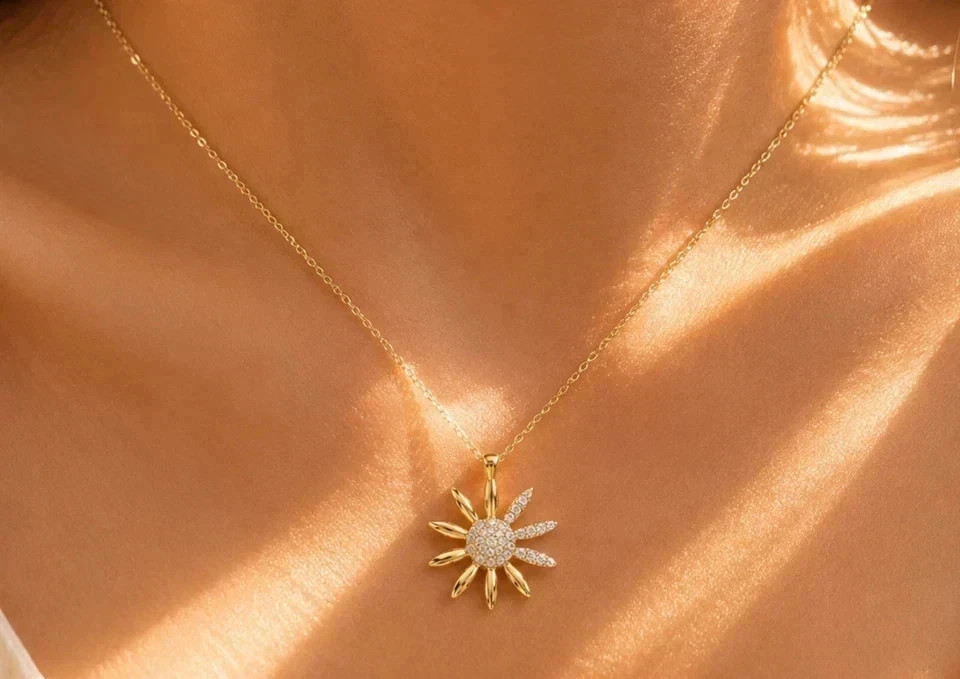 1Ct Round Cut Real Moissanite Women Sunflower Pendant 14K Yellow Gold Plated