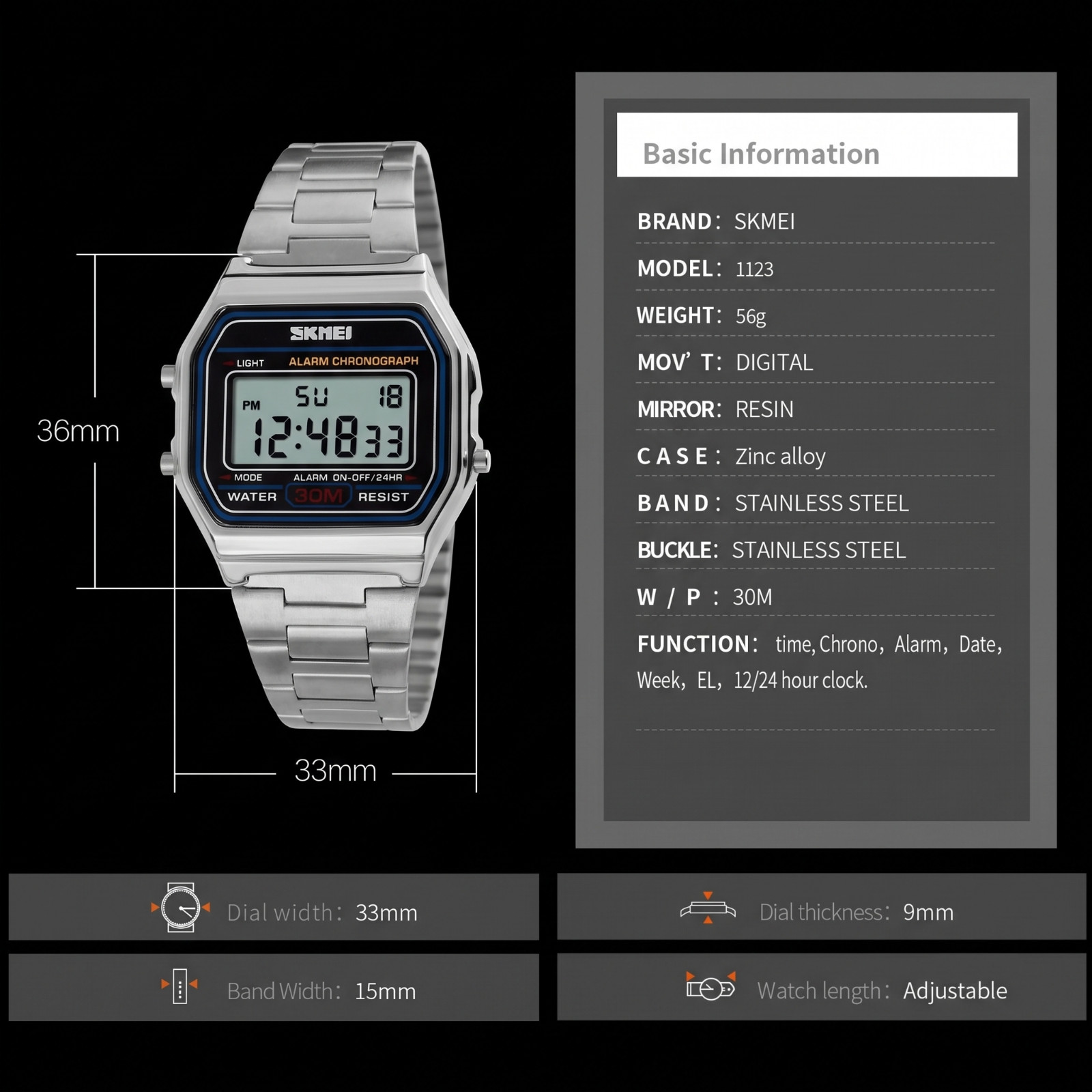 SKMEI SK1123 Unisex LED Digital Watch Stainless Steel