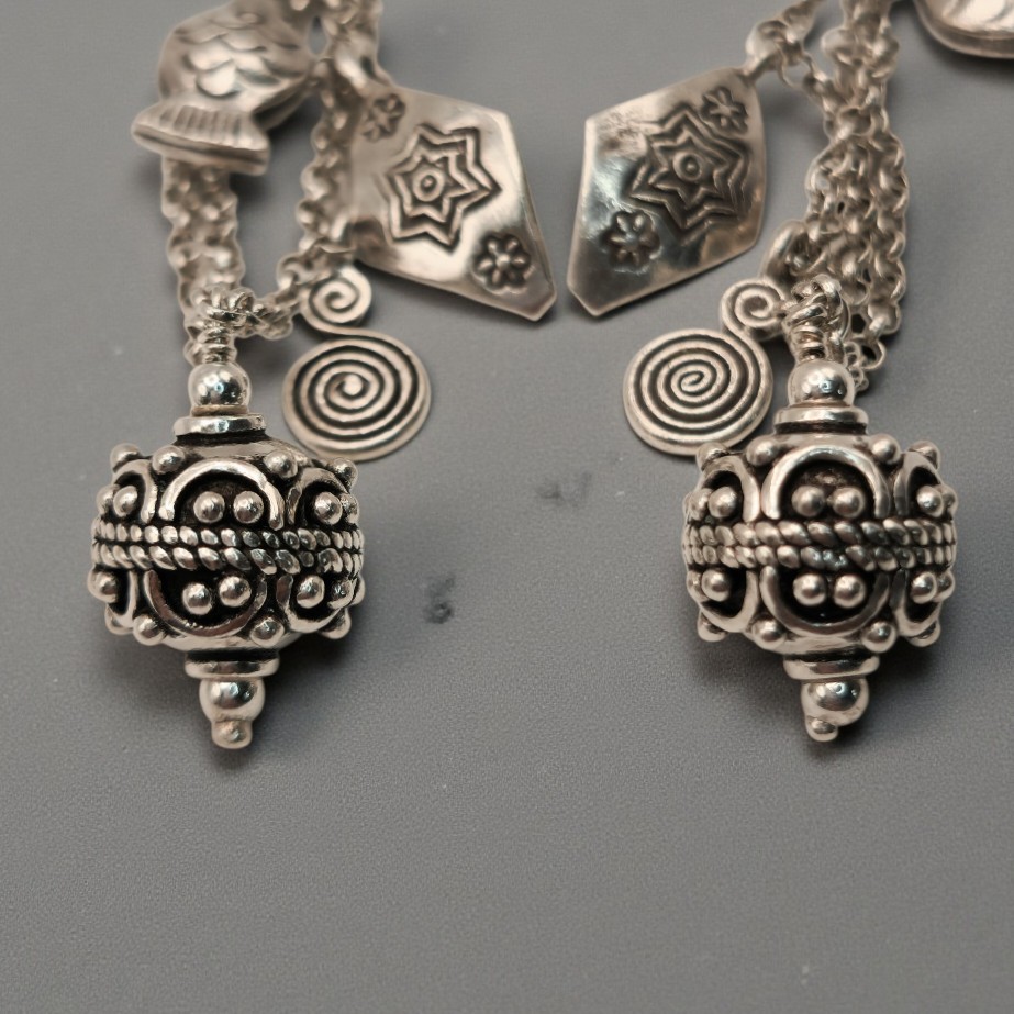 ​Vtg Misteria Sterling Silver Earrings 3.25 Long Shoulder Duster Fish Charms 19g