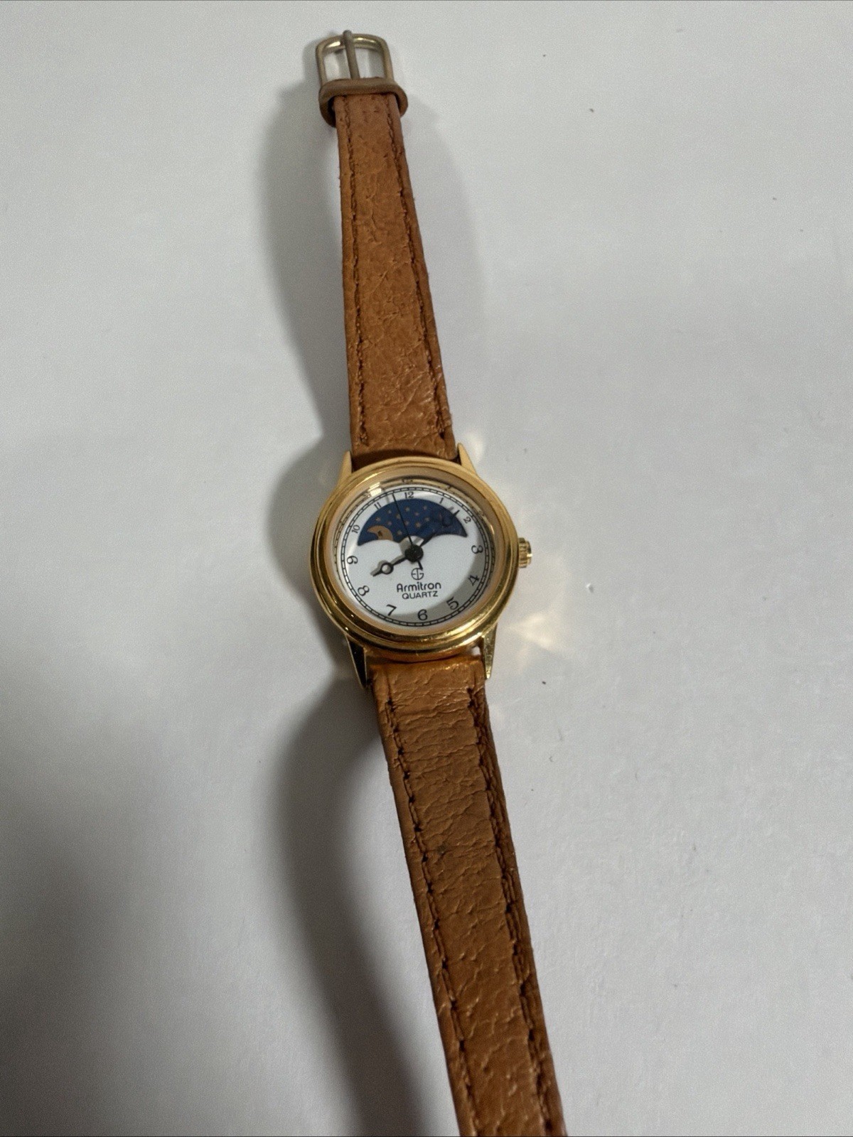 VTG Armitron Quartz Watch Women Moon Phase Gold Tone Leather Analog