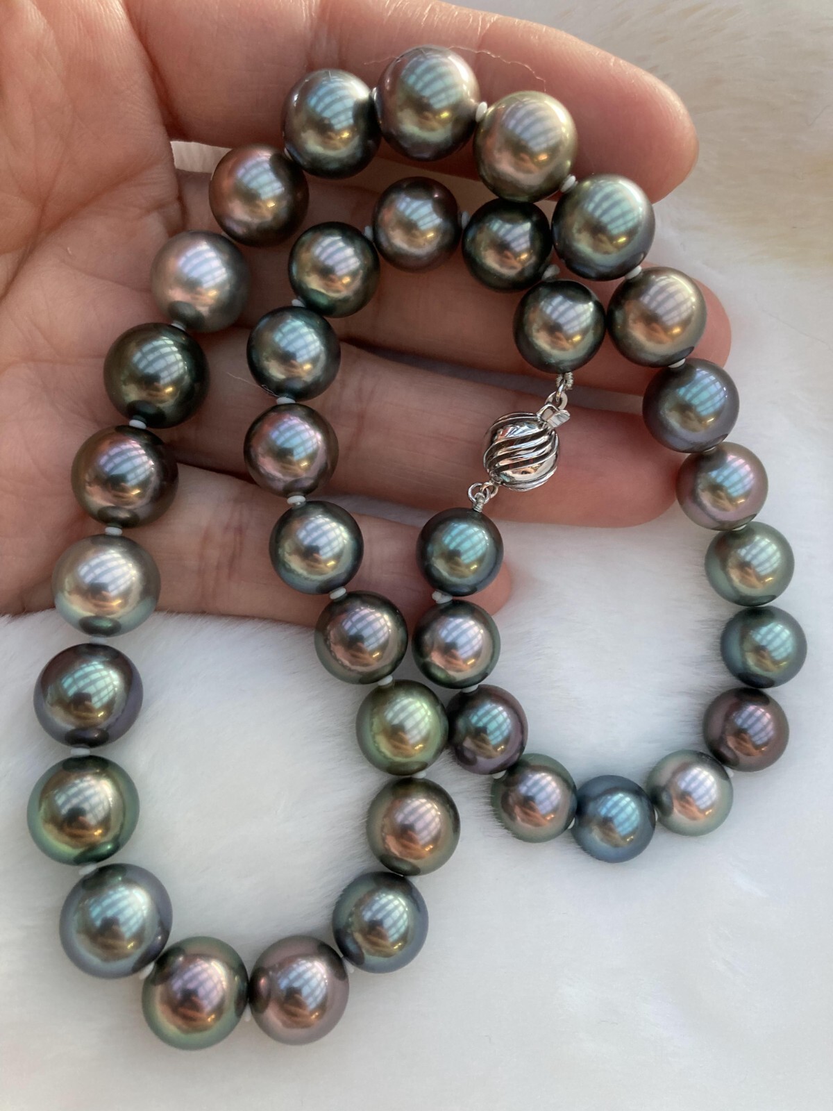 Rare Multi-gray Peacock black Tahitian Pearl 10-11.6mm Top Quality Necklace 43cm