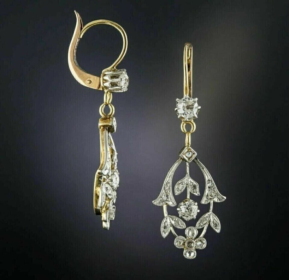 Art Dec Drop Earrings In 14K Yellow Gold Plated 2Ct Round Cut Simulated Diamond
